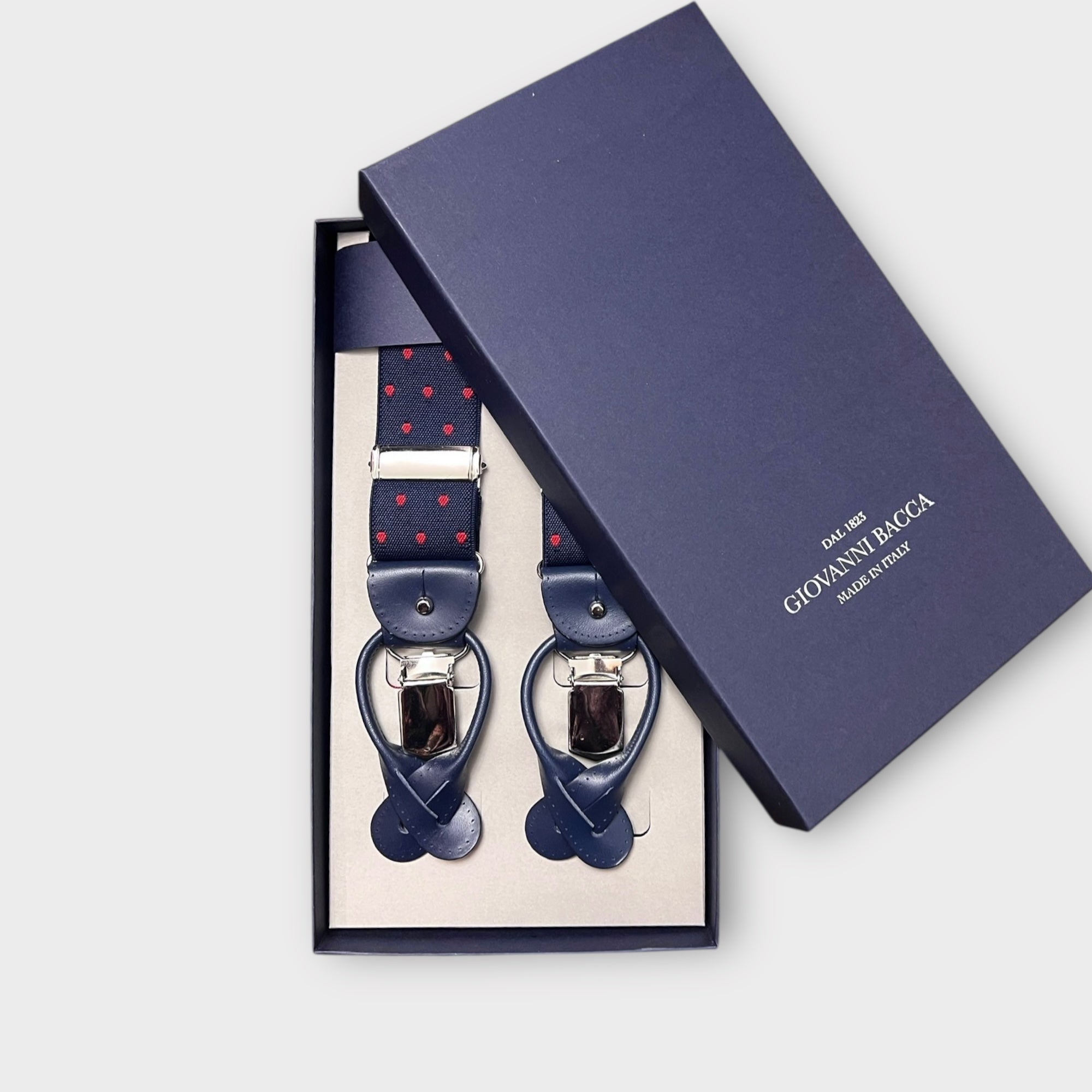 Bretelle Larghe Elastiche Blu Pois Rossi Con Asola In Pelle