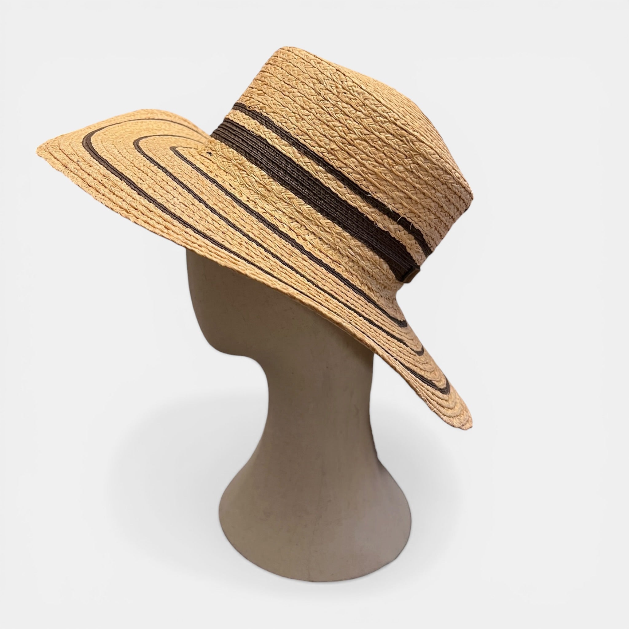 Cappello Canotier Da Donna in Raffia Intrecciata Bicolor Ala Larga - Cappelleria Bacca