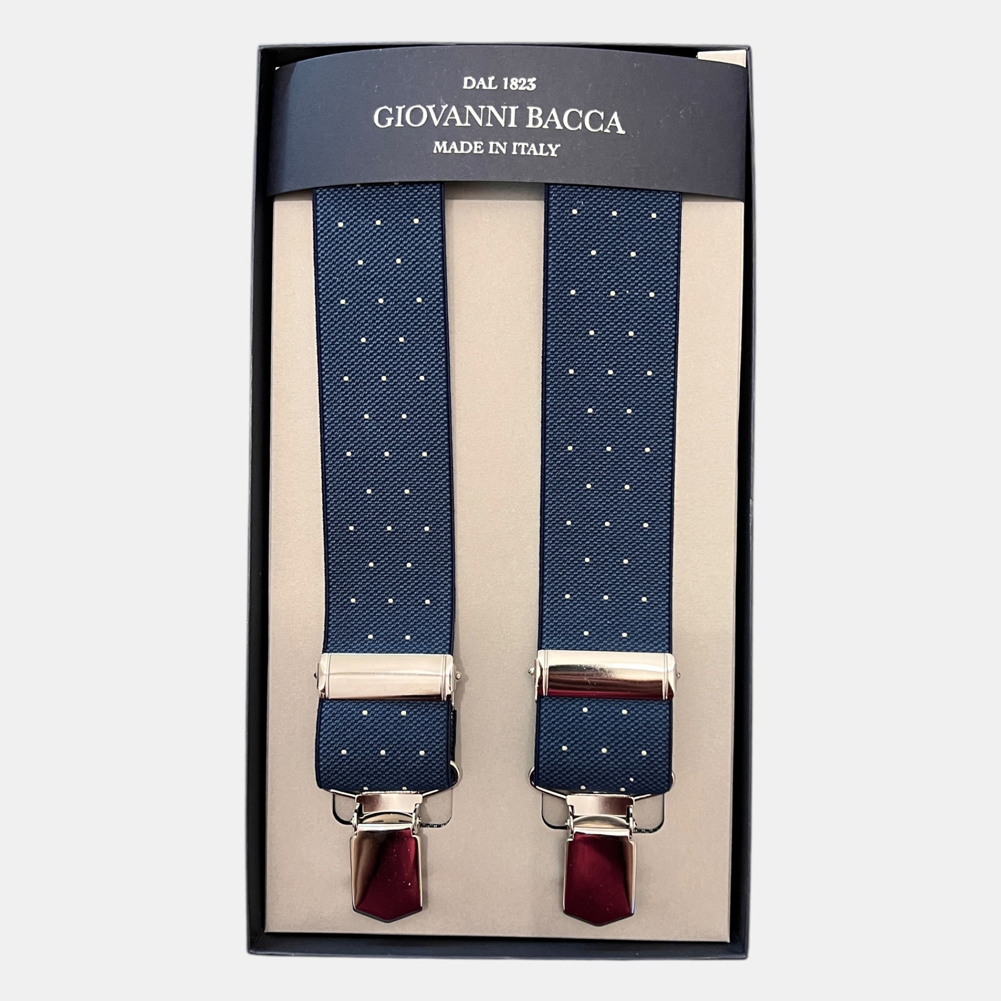 Bretelle Larghe Elastiche Denim Blu con Pois Bianchi