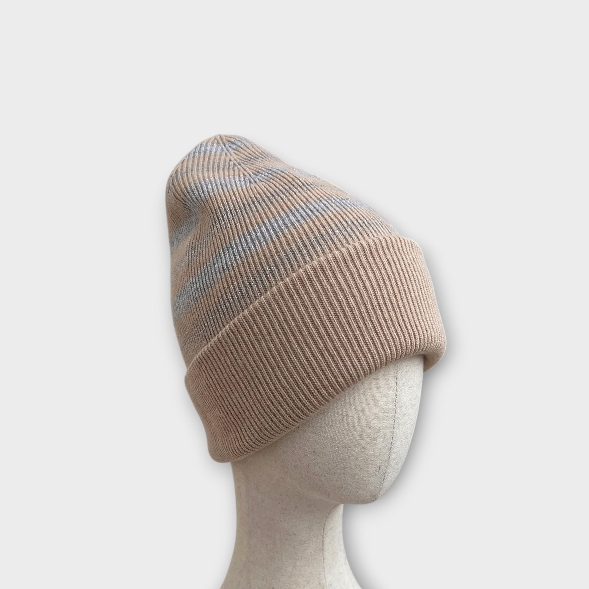 Berretto Beanie Con Risvolto In Maglia Di Lana Merinos e Lurex Motivo Rigato