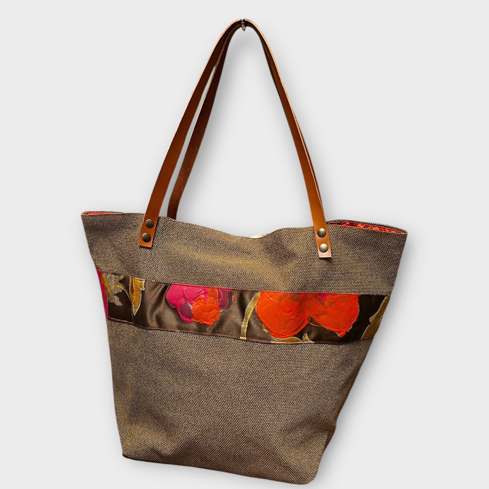 Borsa Shopping in Tessuto Reversibile con Striscia Decorativa