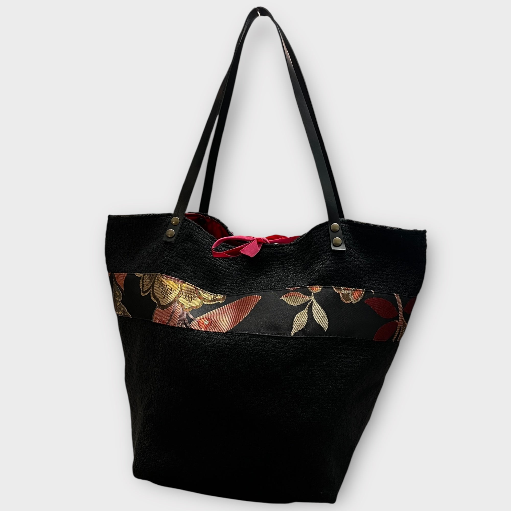 Borsa Shopping in Tessuto Reversibile con Striscia Decorativa