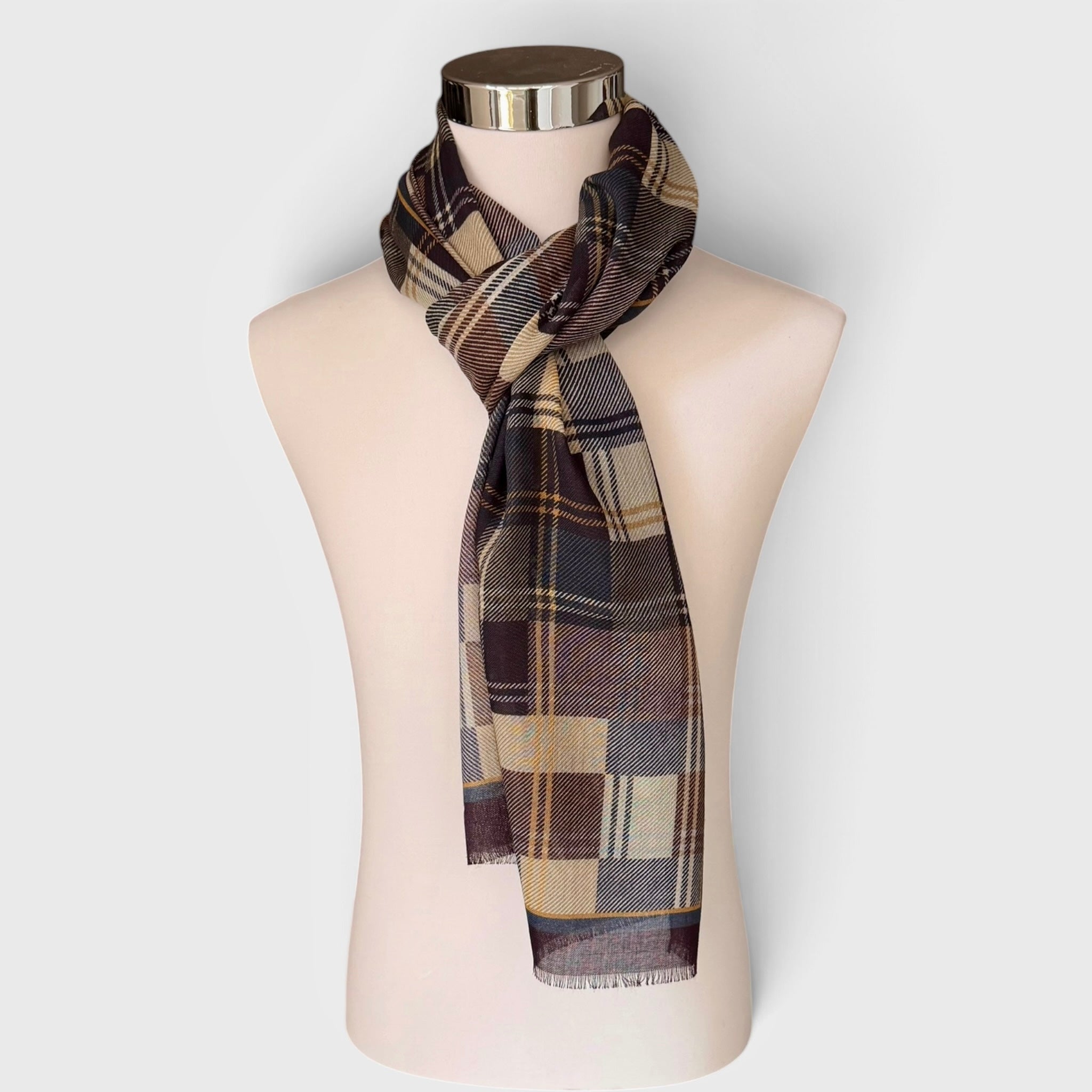 Sciarpa Unisex Invernale In Tessuto Sottile Di Pura Lana Motivo Scozzese 55x190 cm