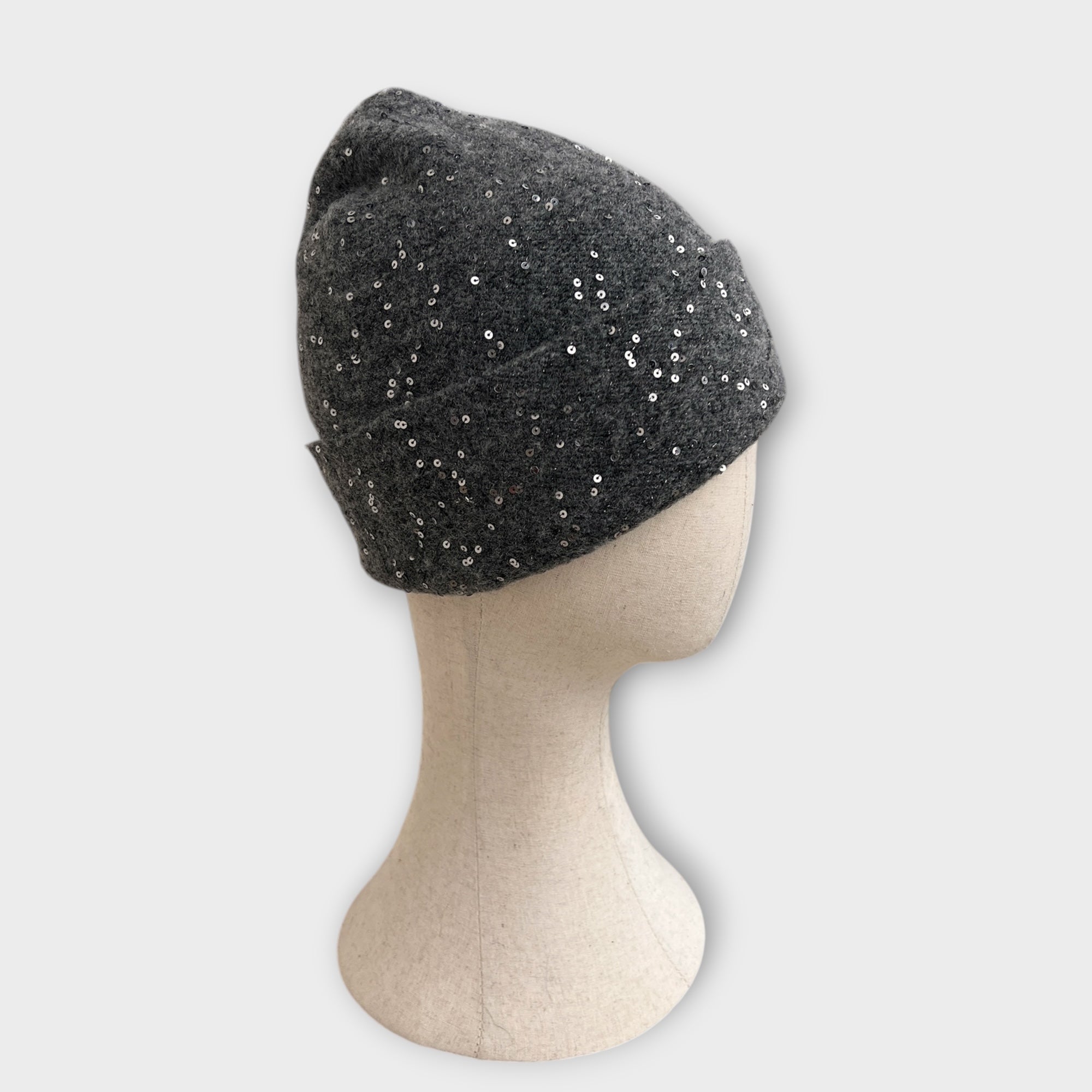 Berretto Beanie Donna In Maglia Di Lana Con Risvolto E Pailettes