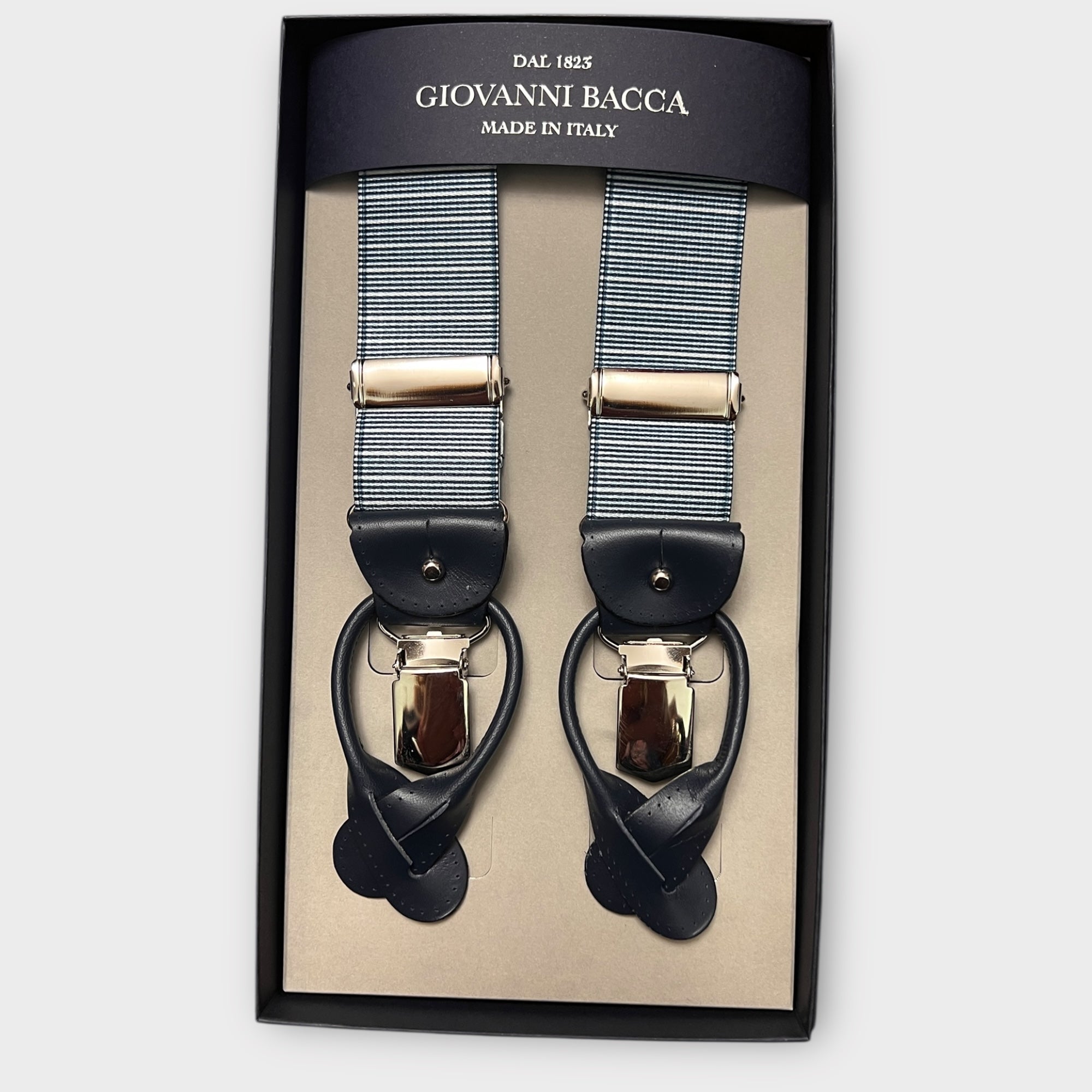 Bretelle Larghe Elastiche Righe Blu Bianco Con Asola In Pelle