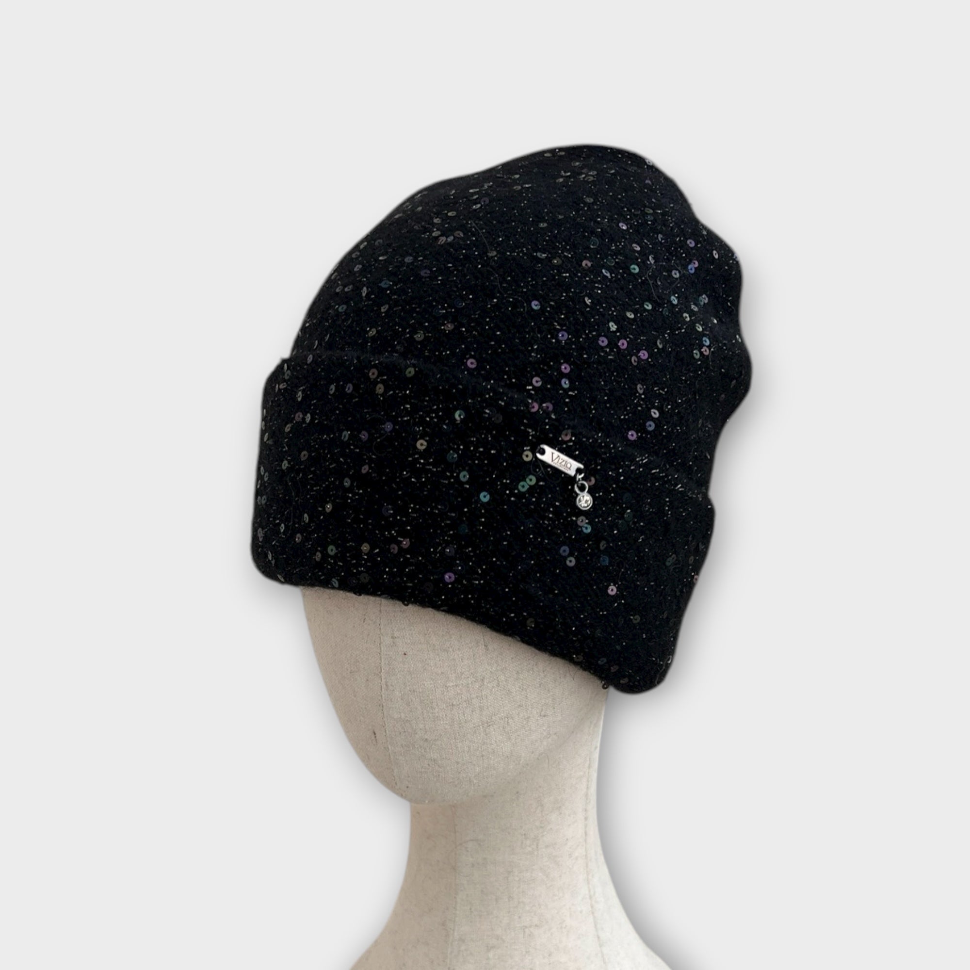 Berretto Beanie Donna In Maglia Di Lana Con Risvolto E Pailettes