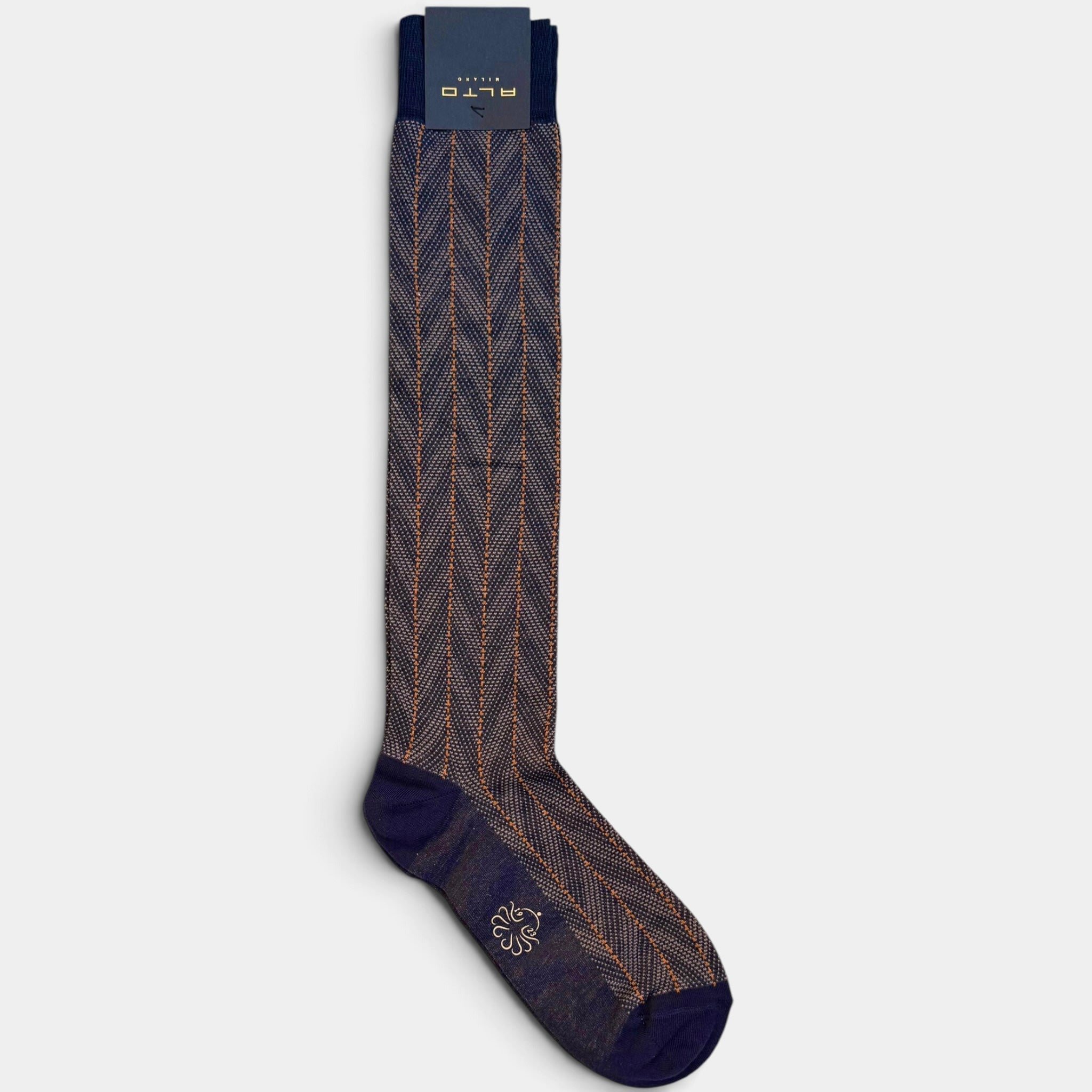 Calzino lungo blu gessato Alto Milano in cotone e cashmere