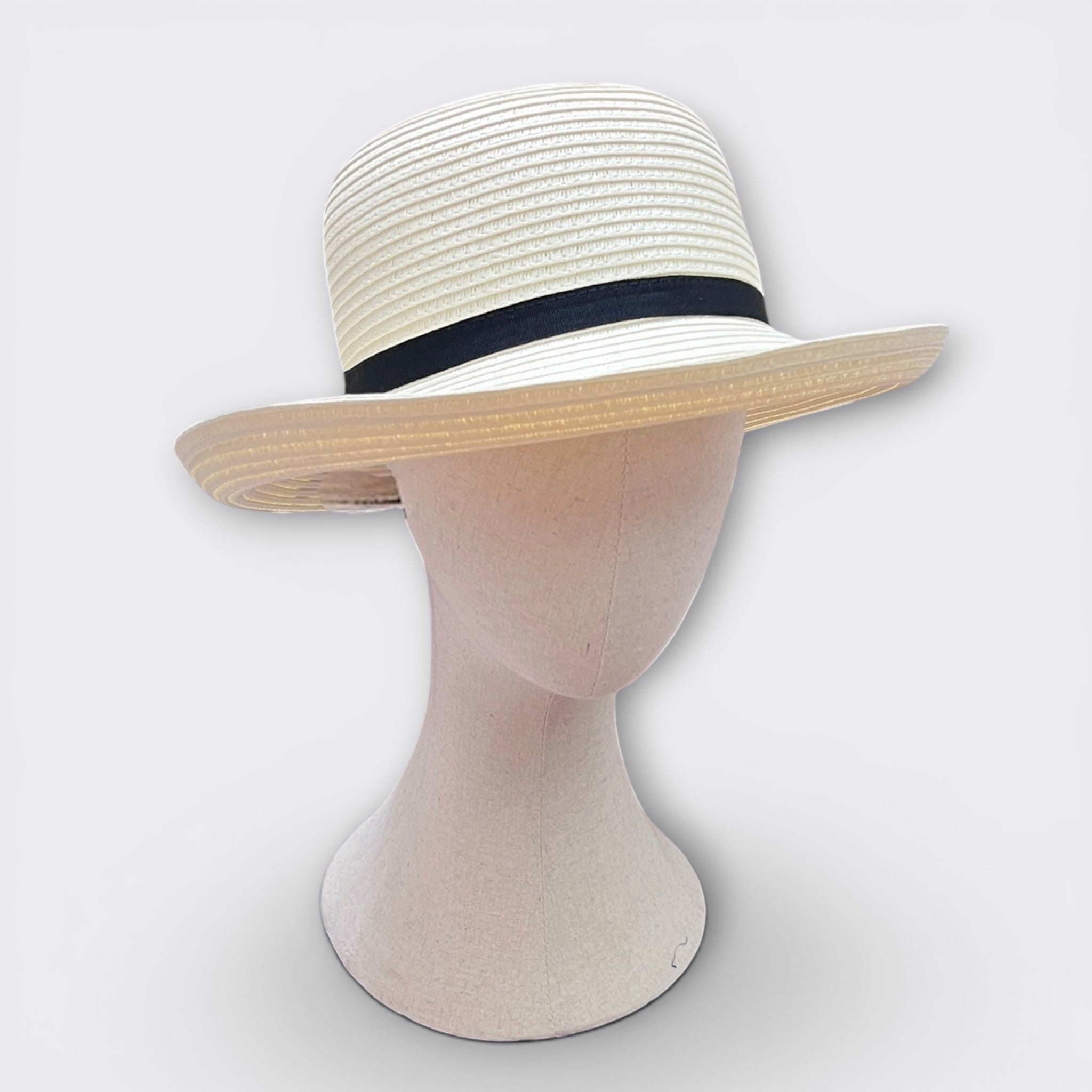 Cappello Da Donna Estivo Ala Media in Paglia Naturale Papier  Nastro Fine Nero