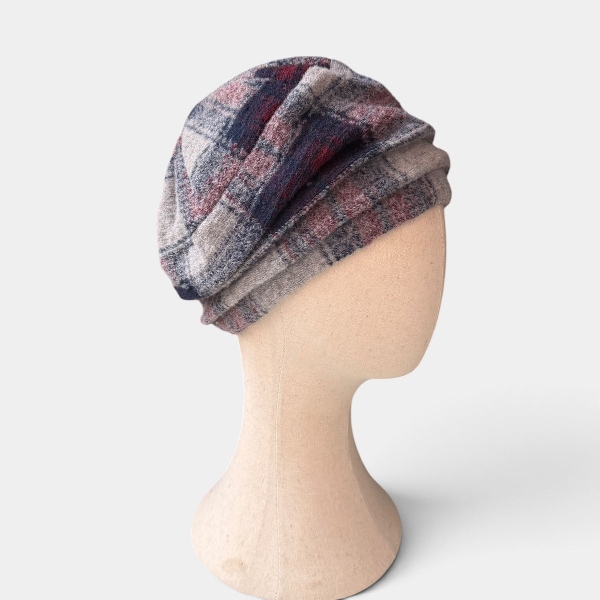 Berretto Toque In Lana Cotta Con Fodera Pile Motivo Check Blu/Bordeaux