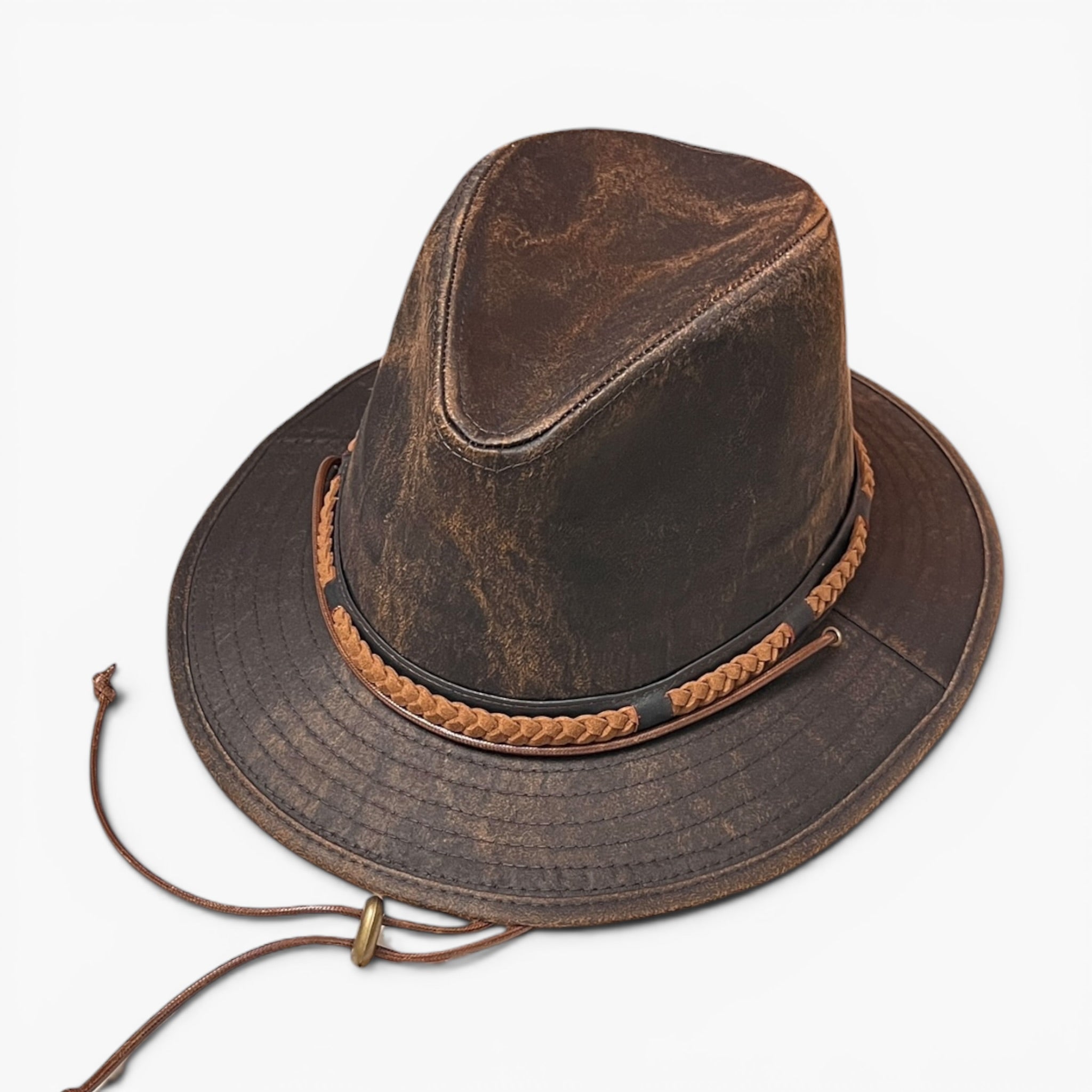 Cappello Traveller In Cotone Spalmato Effetto Vintage Marrone Con Sottogola