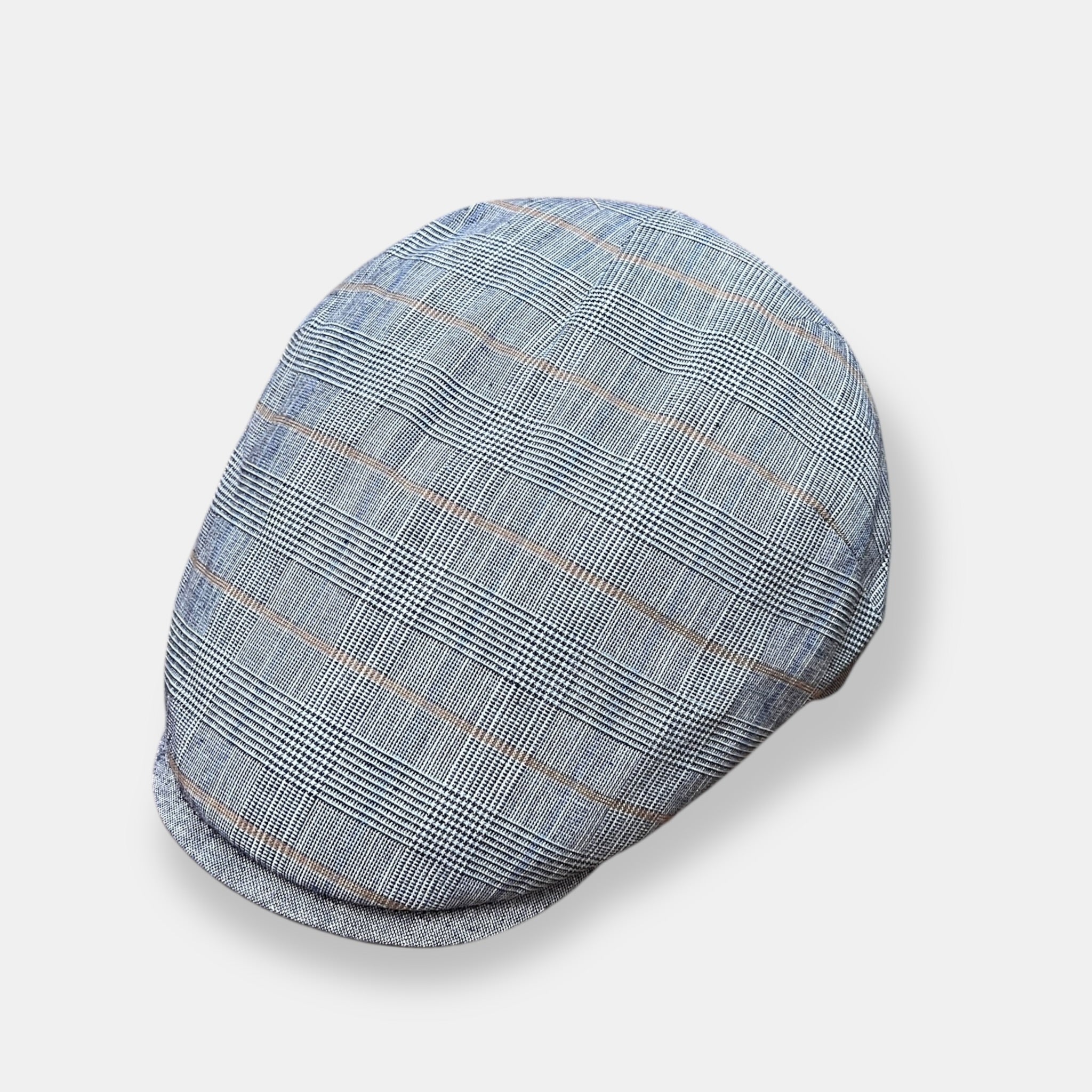 Coppola Uomo Estiva In Puro Lino Principe Di Galles Azzurro E Grigio Revertera