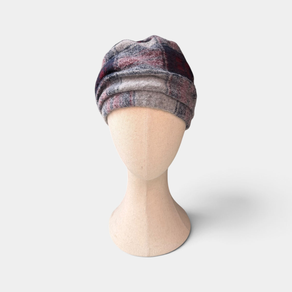 Berretto Toque In Lana Cotta Con Fodera Pile Motivo Check Blu/Bordeaux