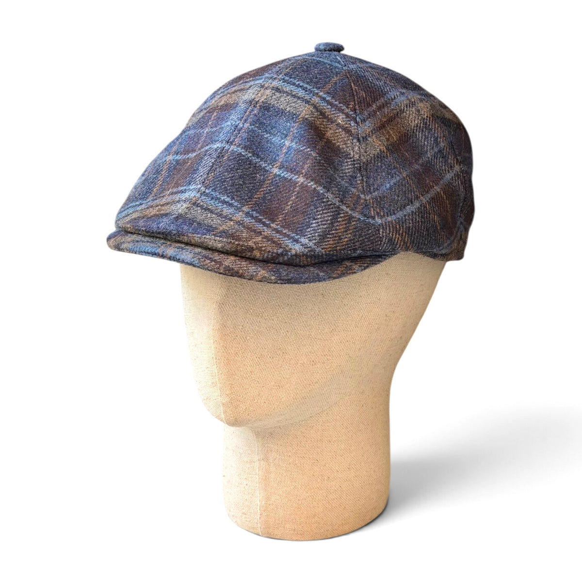 Coppola Irlandese 6 Spicchi In Tessuto Di Lana Motivo Tartan Blu/Marrone - Alfonso D'Este