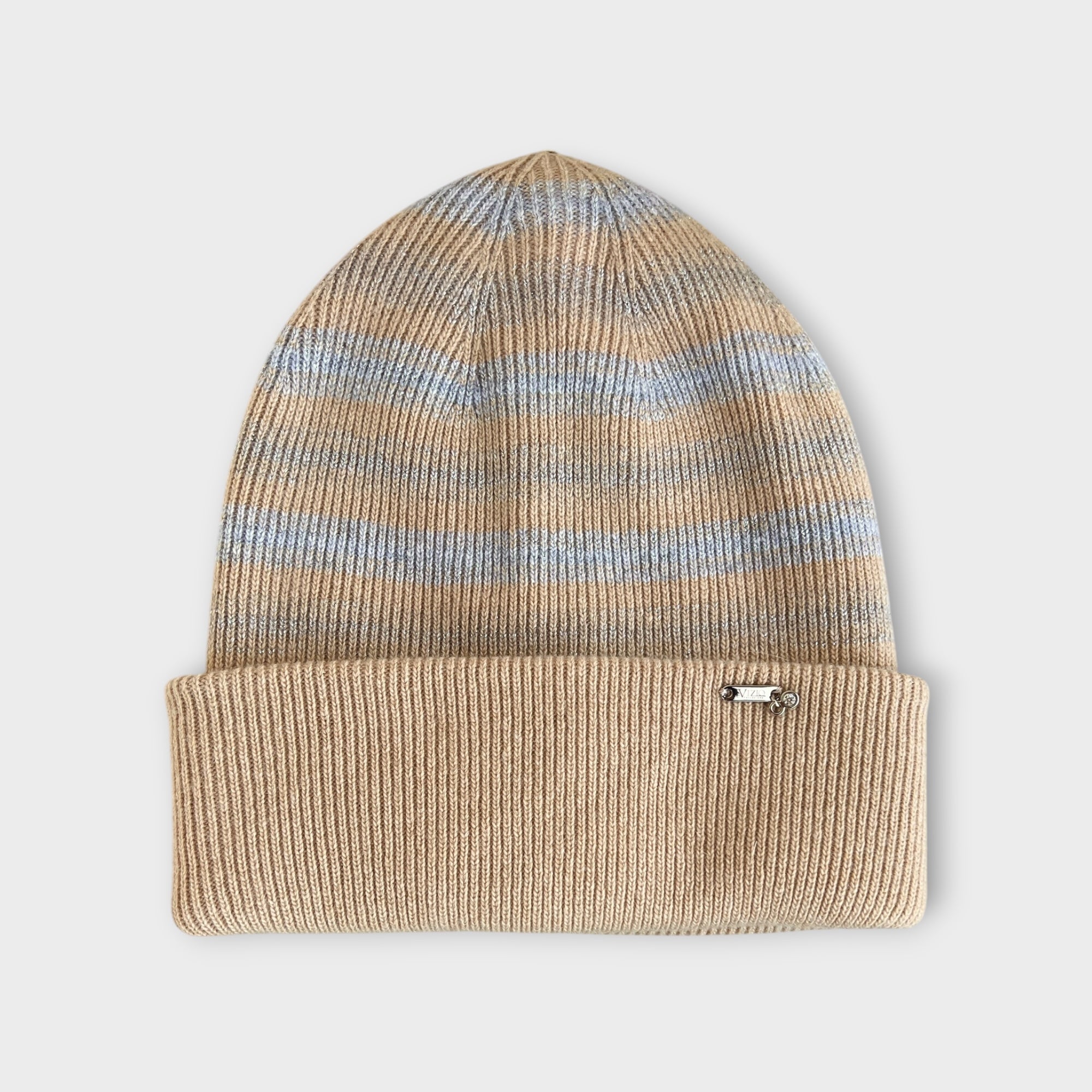 Berretto Beanie Con Risvolto In Maglia Di Lana Merinos e Lurex Motivo Rigato