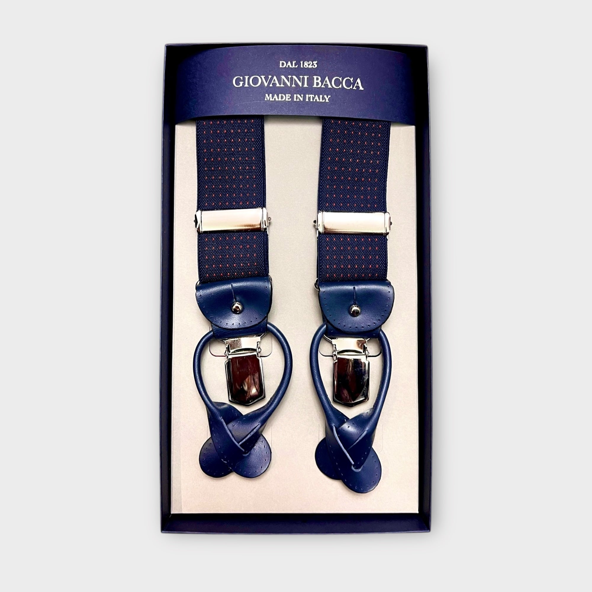 Bretelle Larghe Elastiche Blu Punti Rossi Con Asola In Pelle