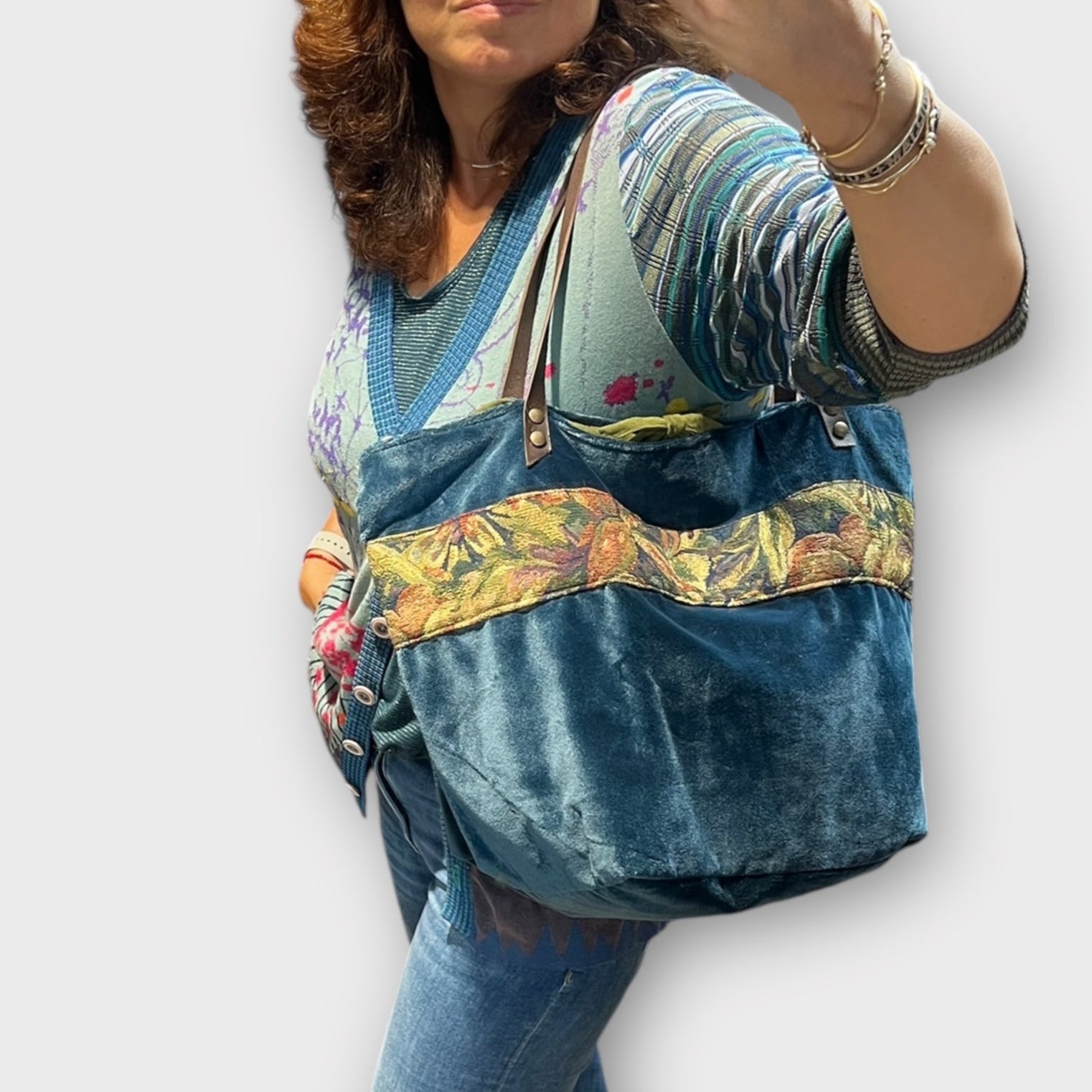 Borsa Shopping in Tessuto Reversibile con Striscia Decorativa