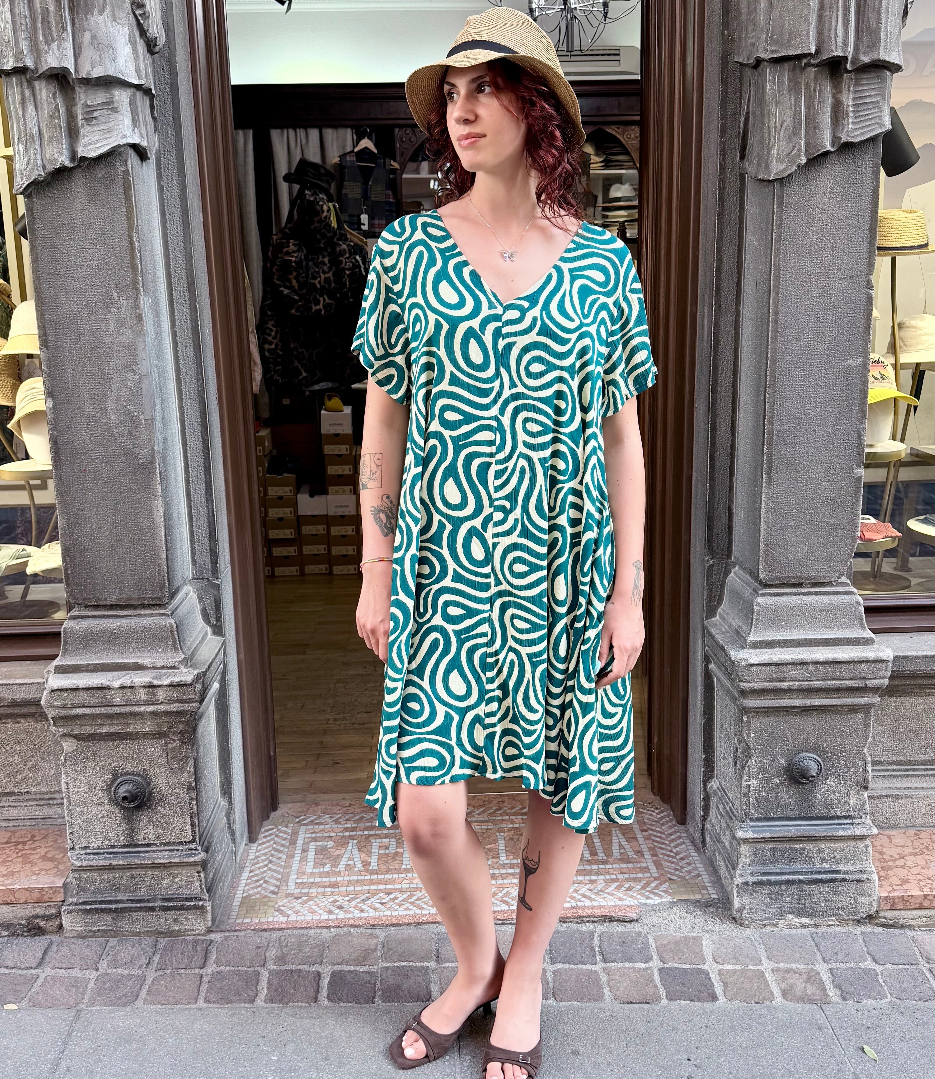 Abito Estivo Donna Midi Manica Corta Blu Petrolio - Cappelleria Bacca