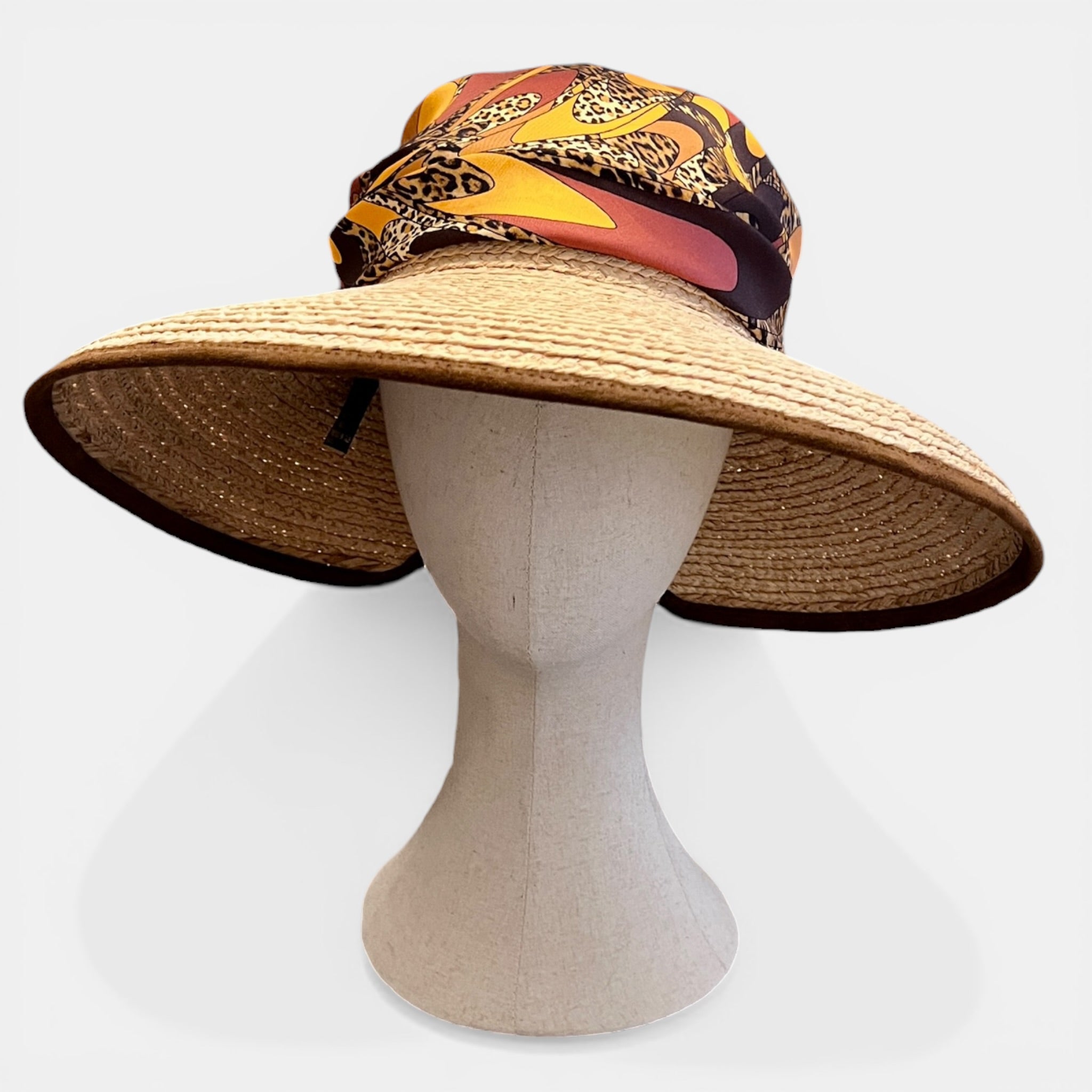 Cappello Visiera Da Donna in Raffia Con Foulard In Seta - Cappelleria Bacca