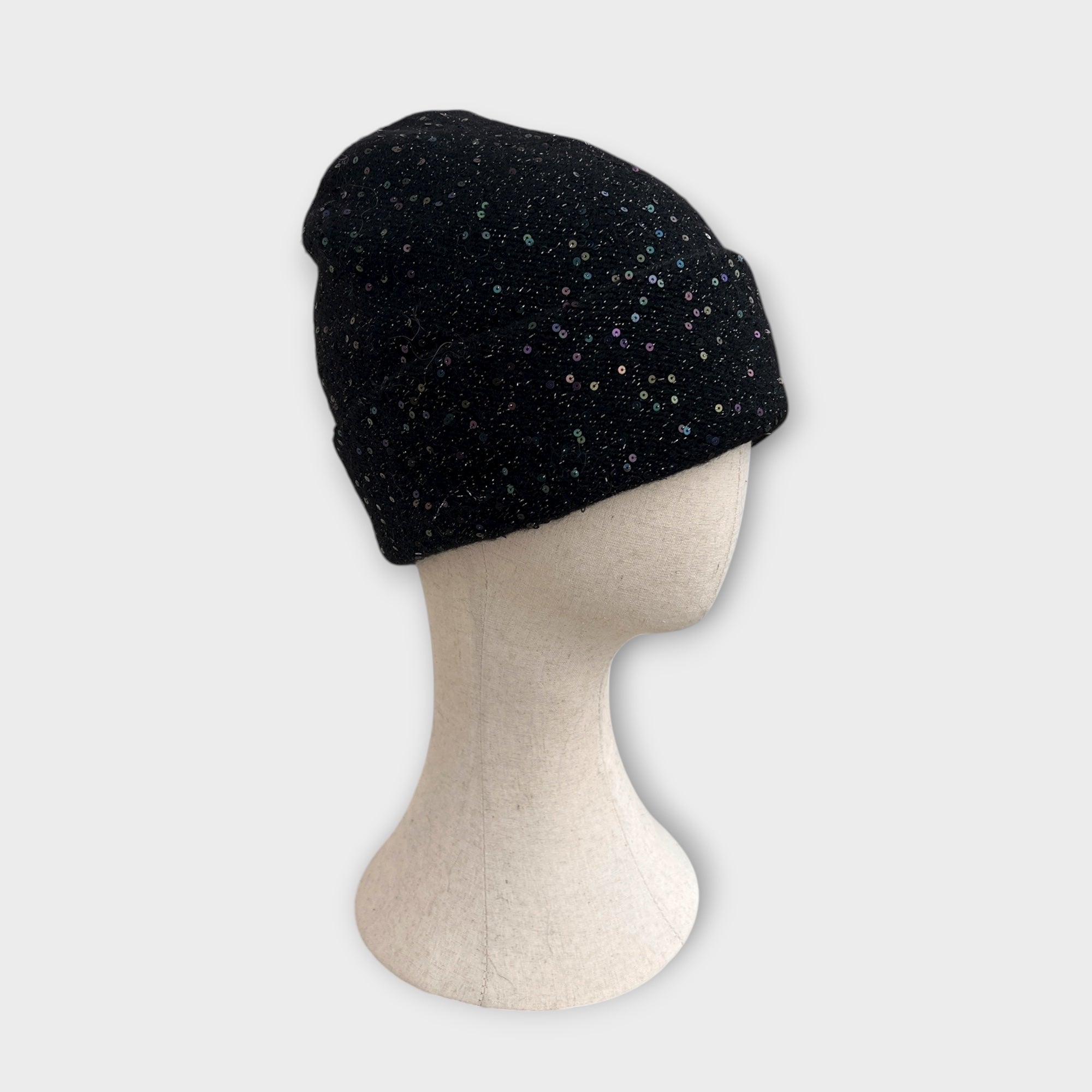 Berretto Beanie Donna In Maglia Di Lana Con Risvolto E Pailettes