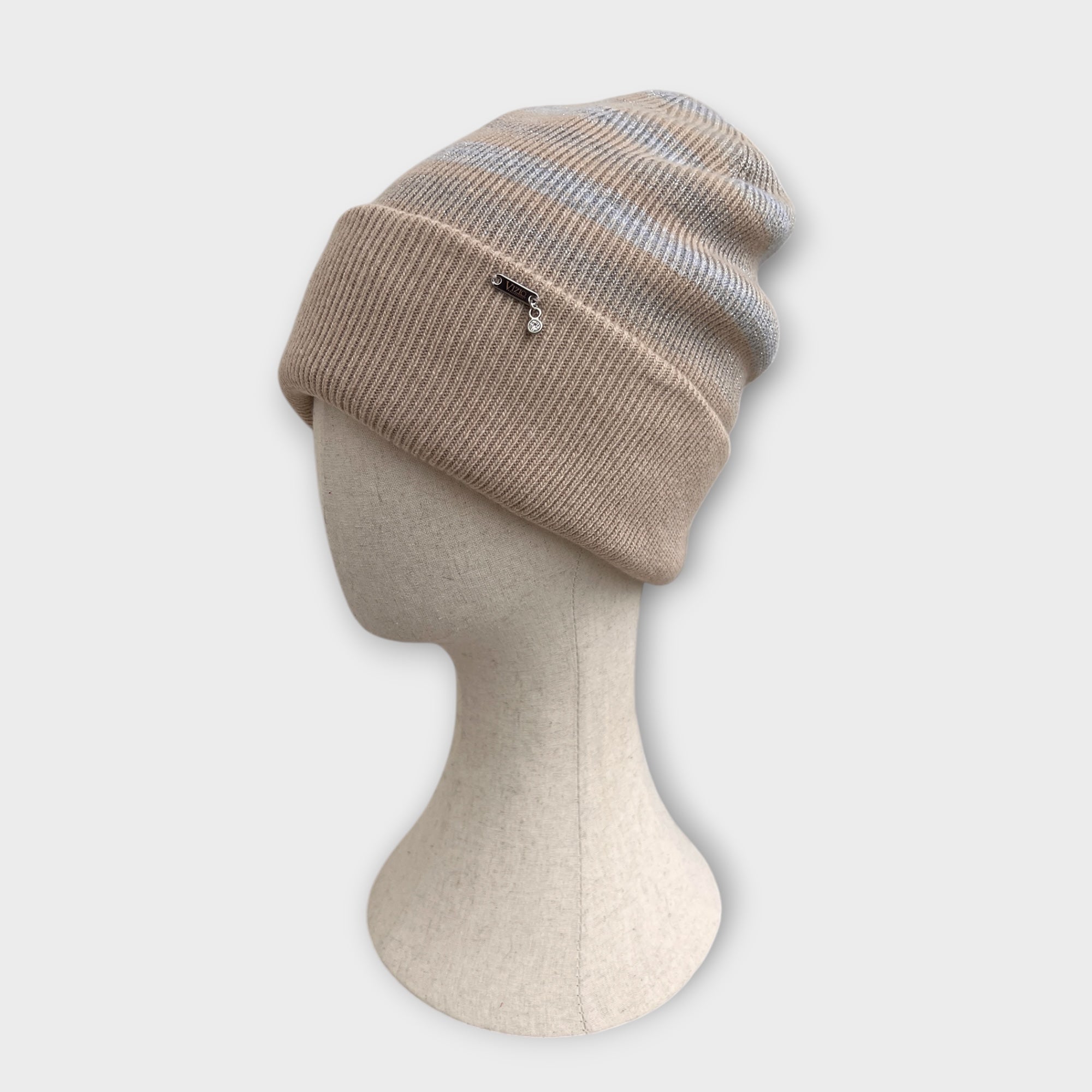 Berretto Beanie Con Risvolto In Maglia Di Lana Merinos e Lurex Motivo Rigato