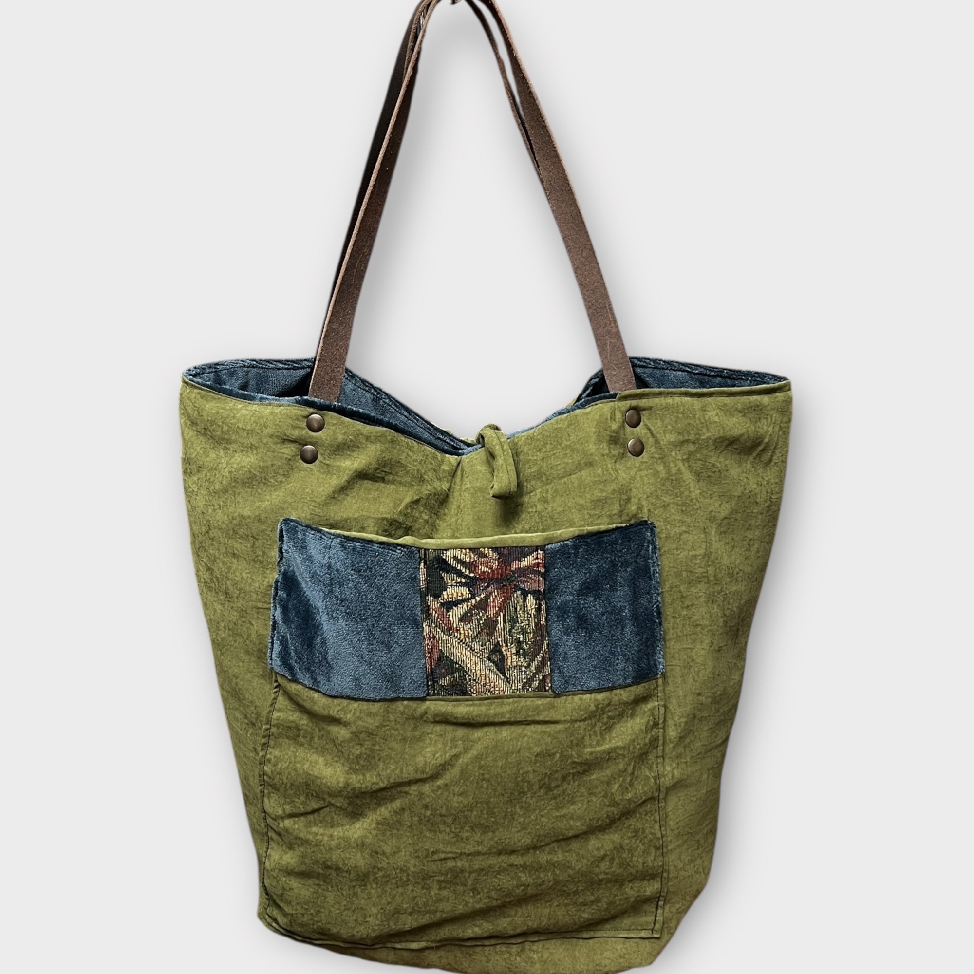 Borsa Shopping in Tessuto Reversibile con Striscia Decorativa