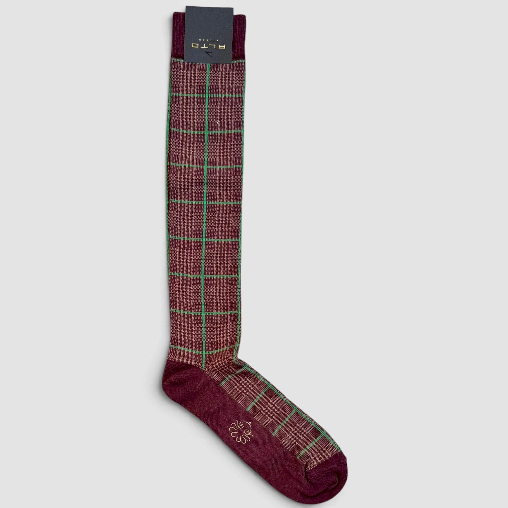 Calzino lungo tartan bordeaux e verde Alto Milano