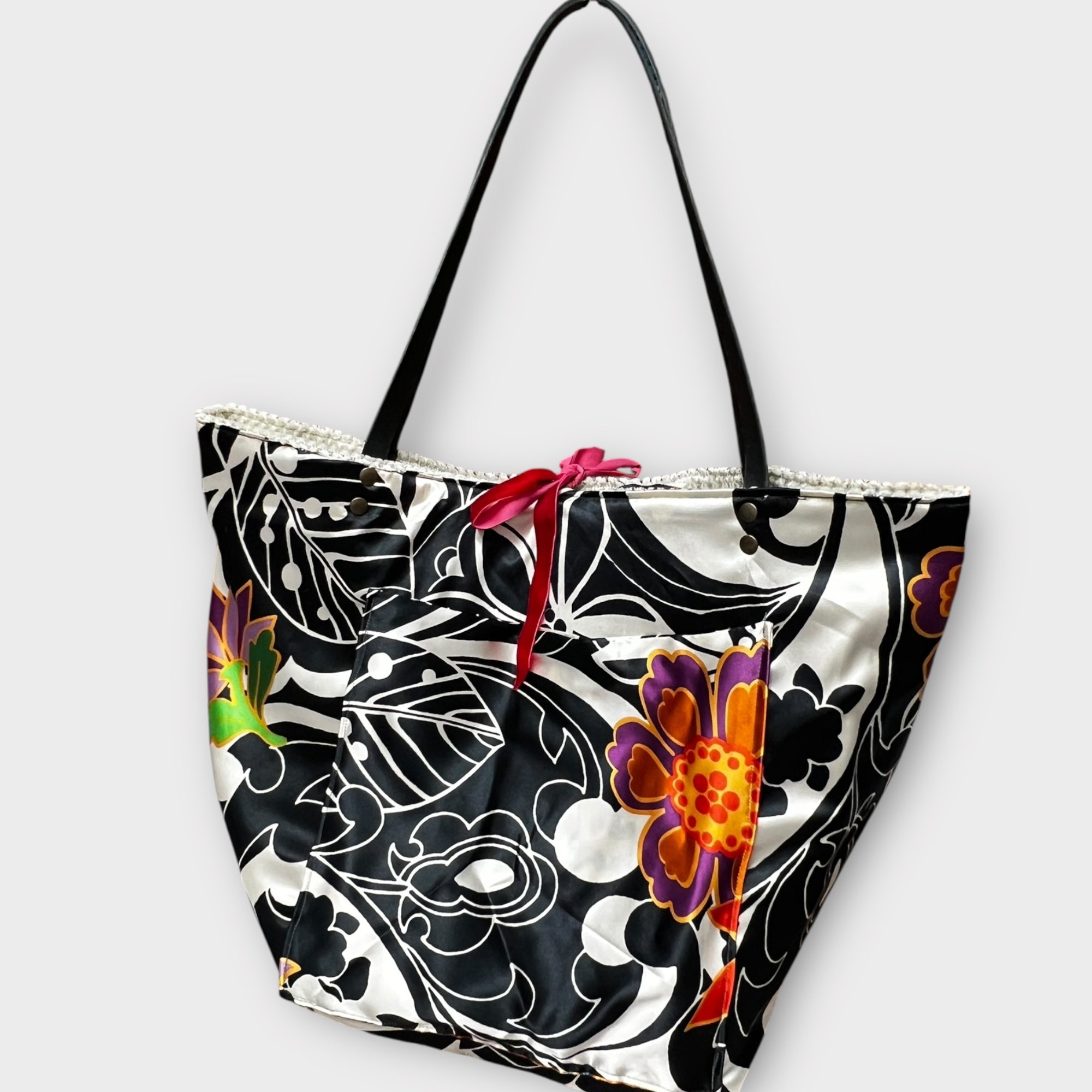 Borsa Shopping in Tessuto Reversibile con Fiori