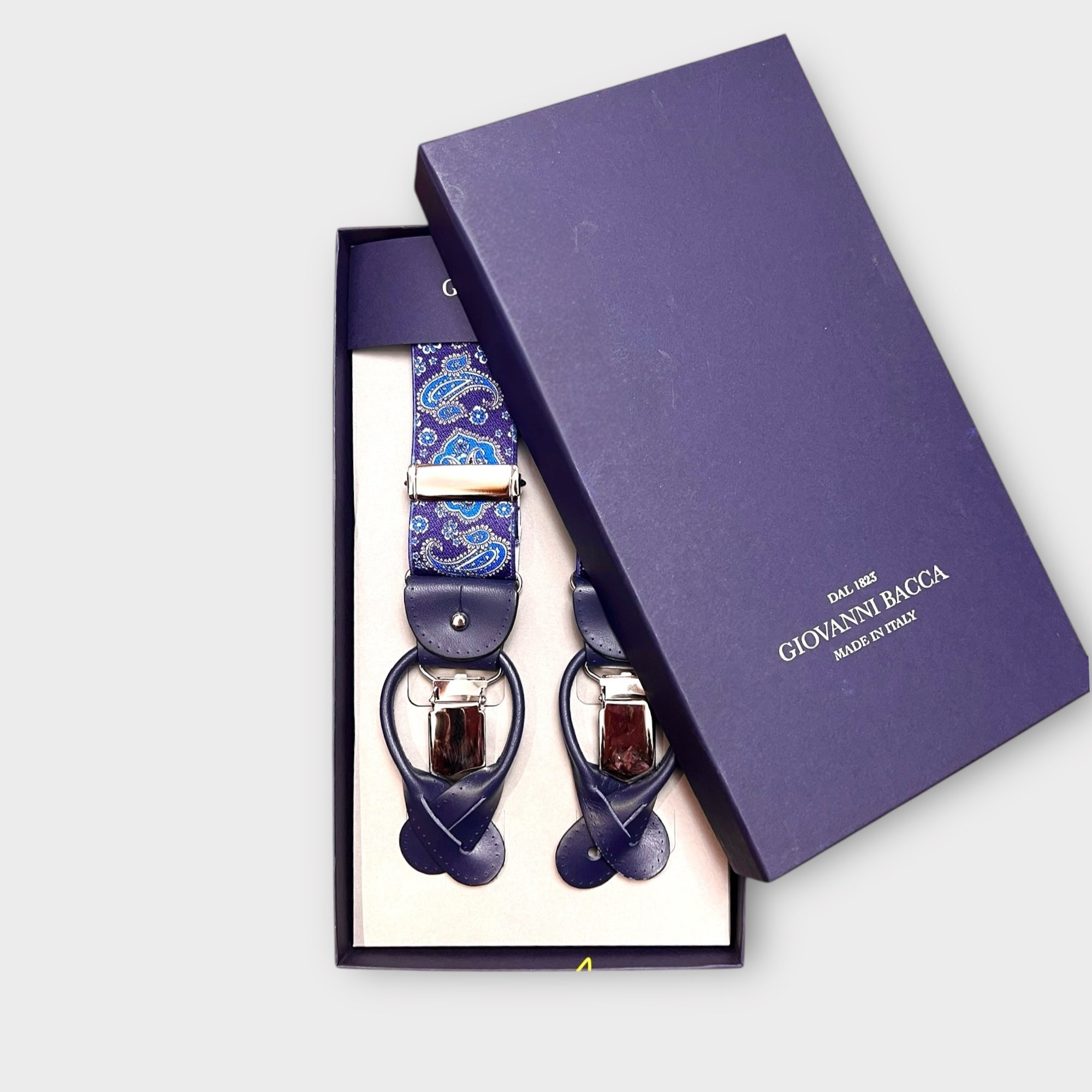 Bretelle Larghe Elastiche Paisley Blu Con Asola In Pelle