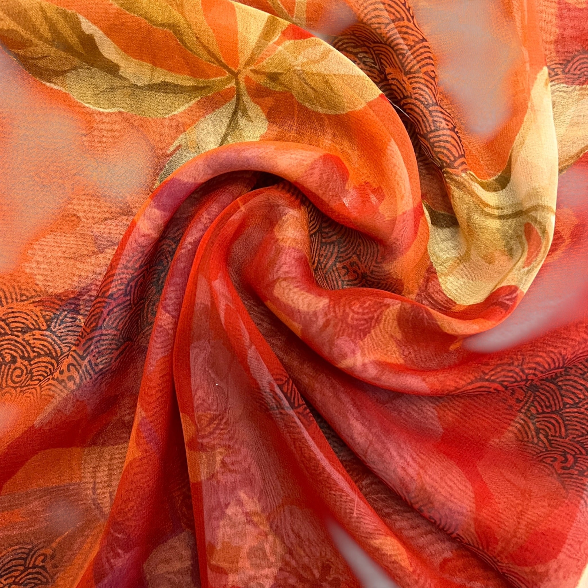 Sciarpa in Pura Seta Georgette Motivo Foglie 45x160 cm