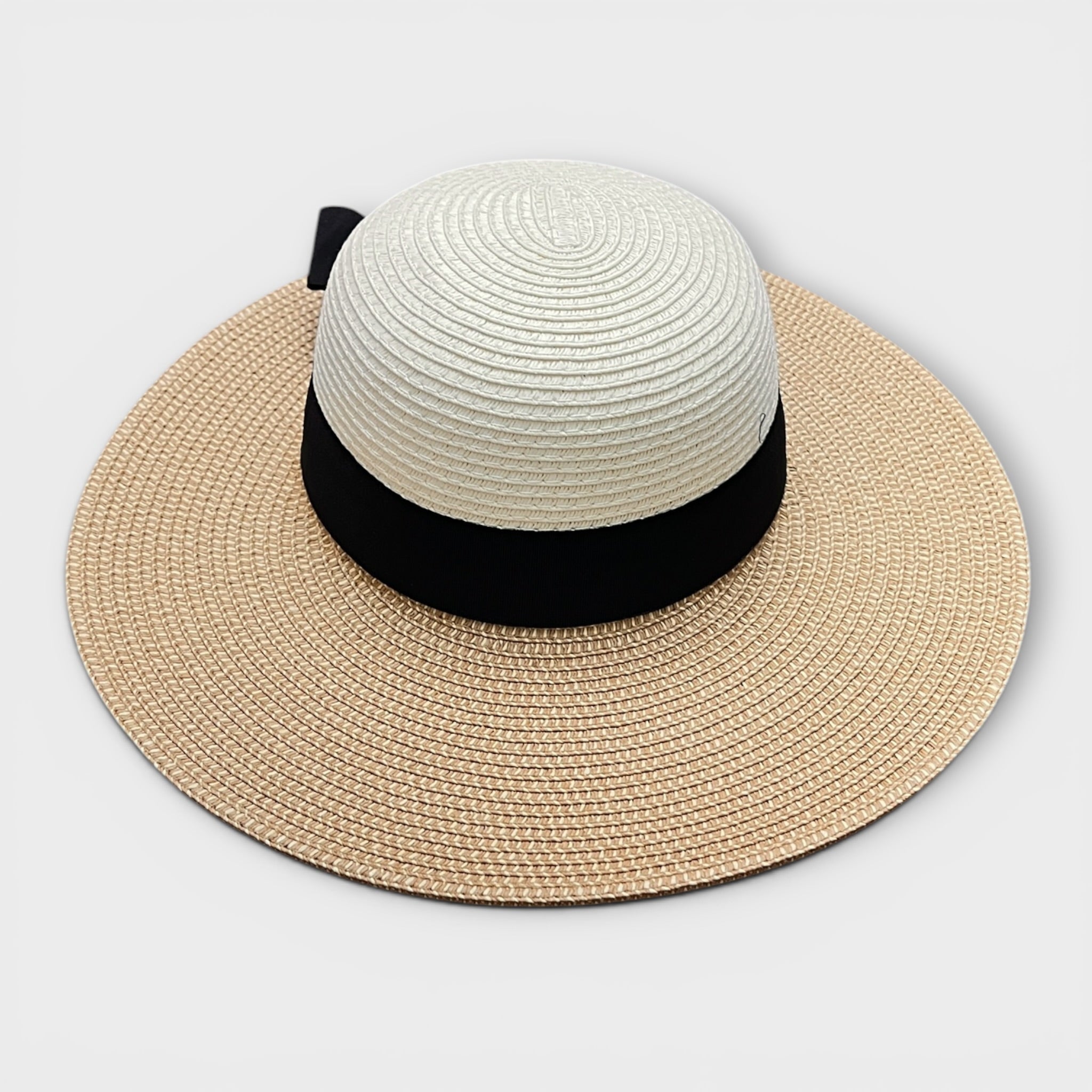 Cappello Da Donna Estivo Ala Larga in Paglia Naturale Papier Bicolor Nastro  Nero - Cappelleria Bacca
