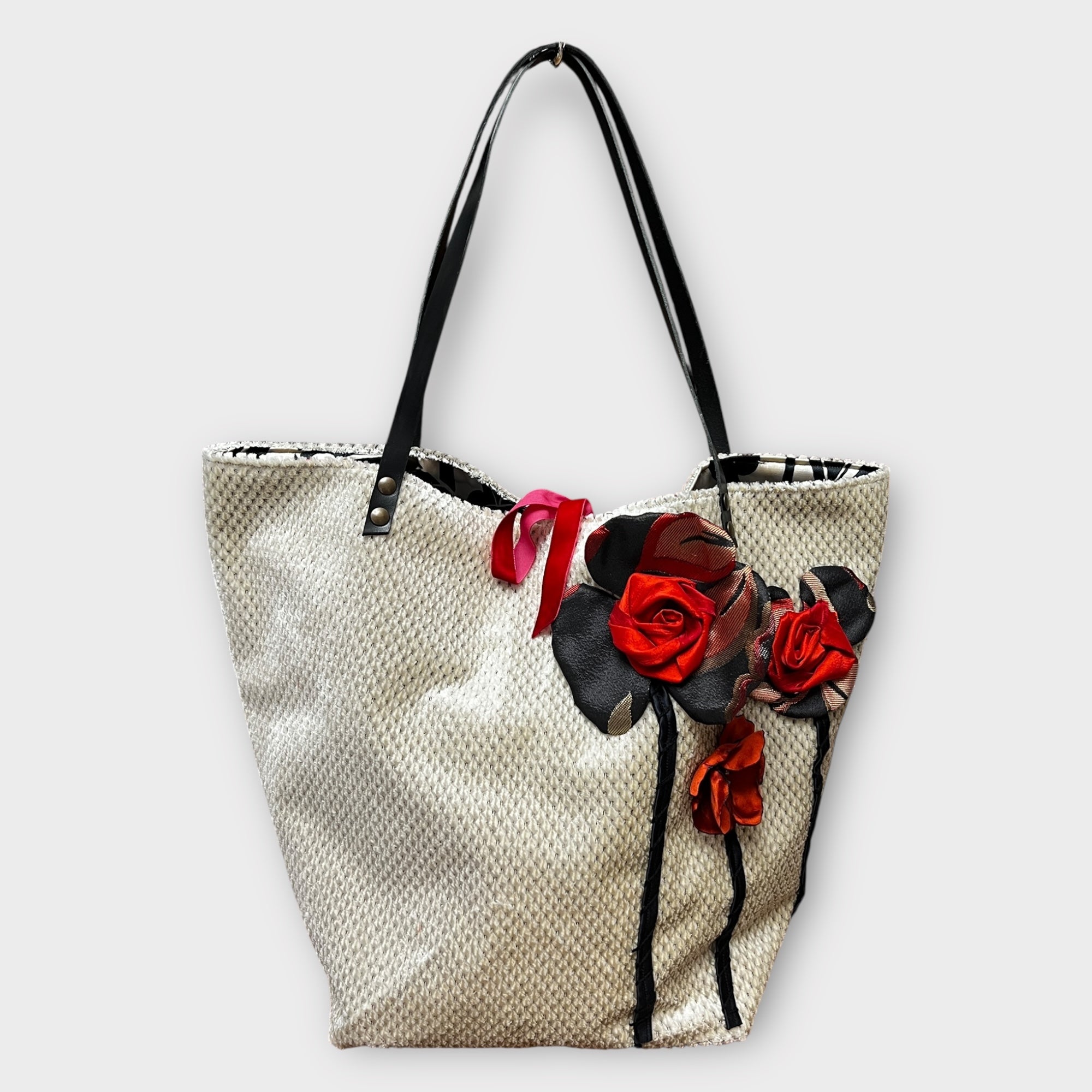 Borsa Shopping in Tessuto Reversibile con Fiori