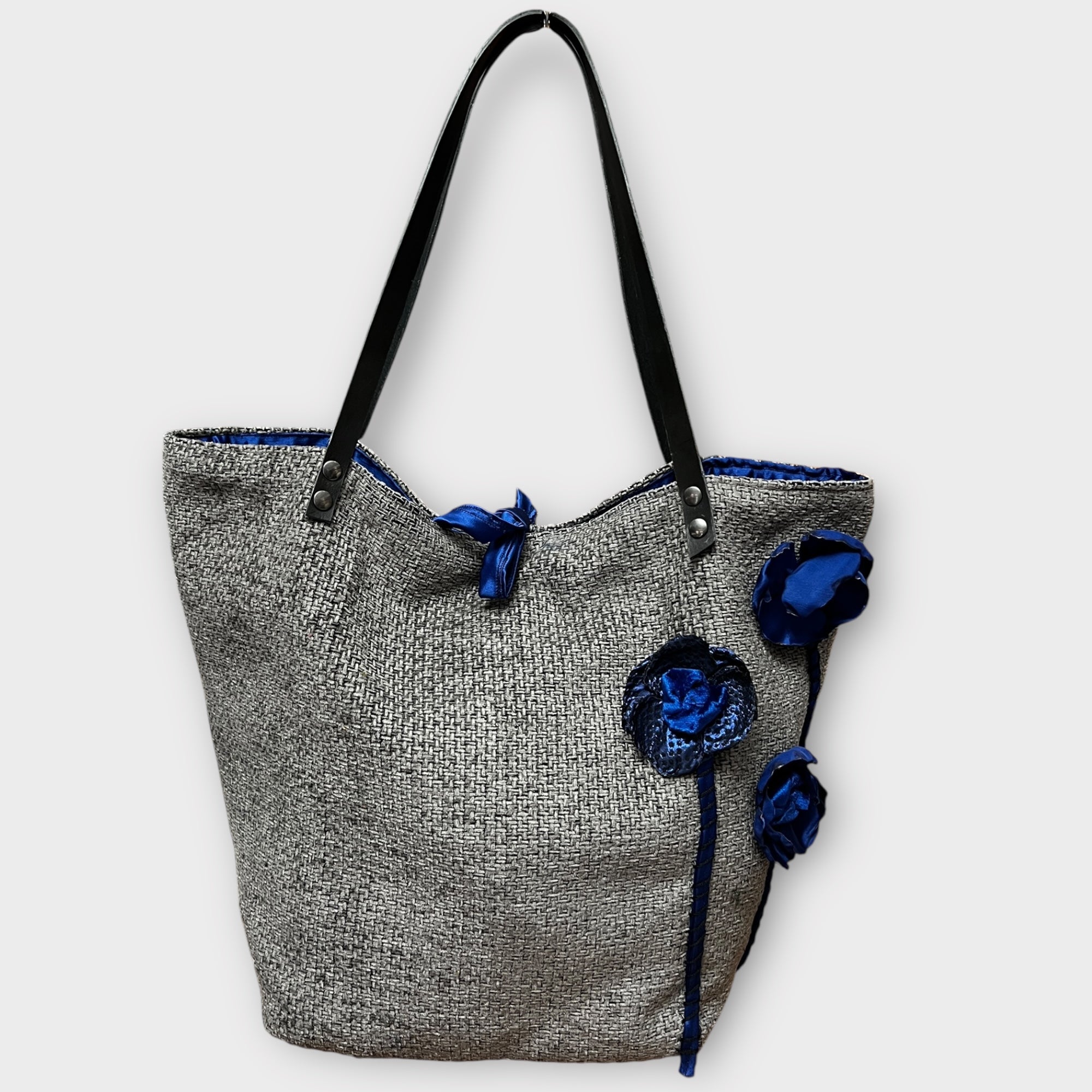 Borsa Shopping in Tessuto Reversibile con Fiori