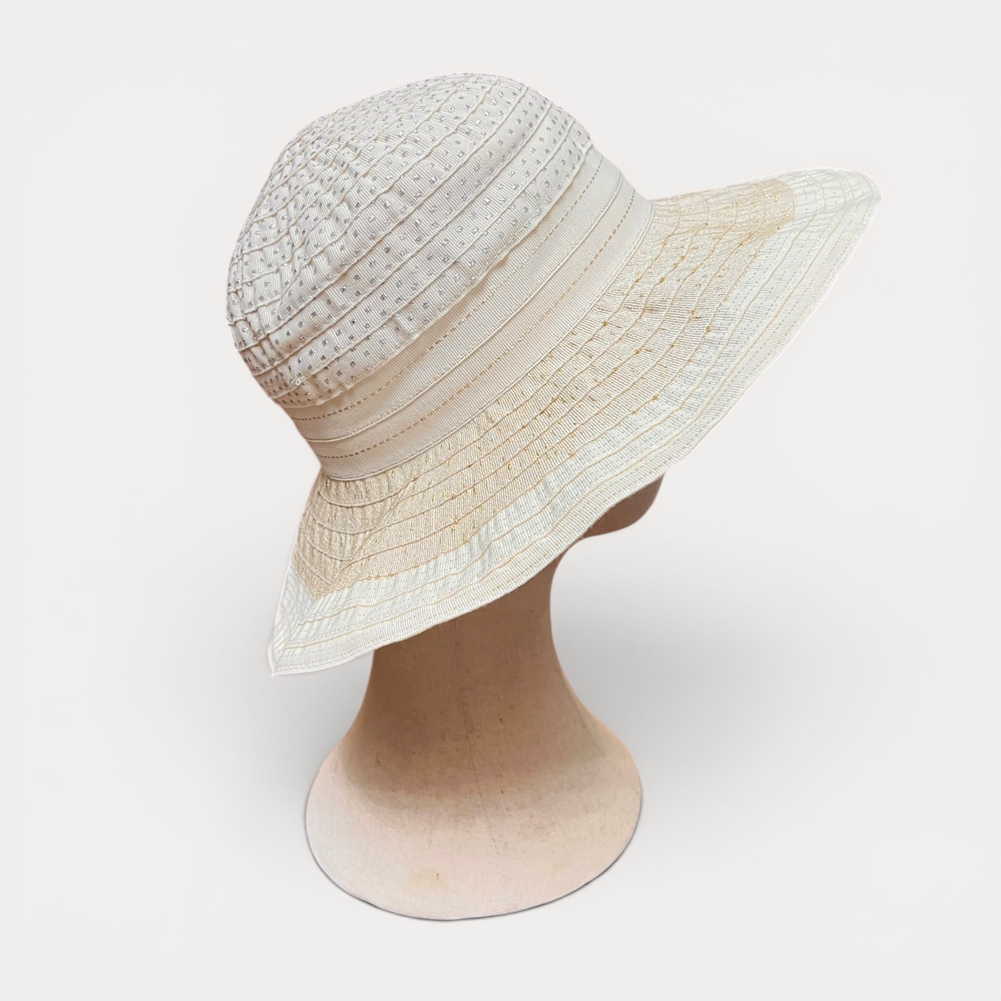Cappello Donna Estivo In Cotone Beige e Lurex, Pieghevole - Grevi