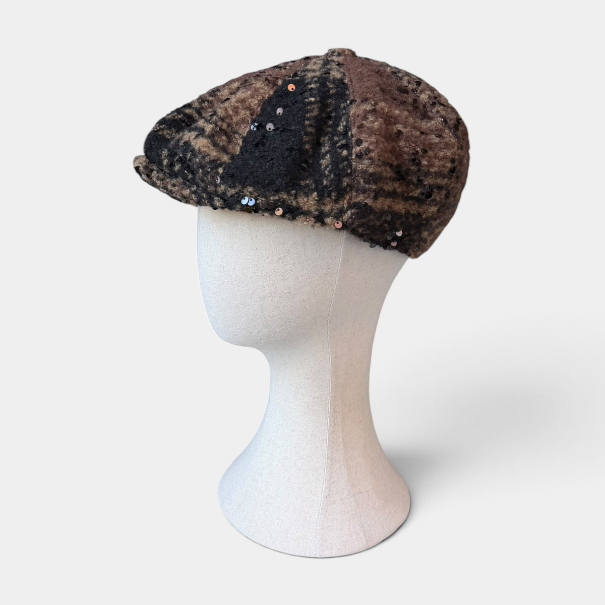 Coppola 8 Spicchi Donna Invernale Tessuto Boucle' Marrone e Nero Con Paillettes