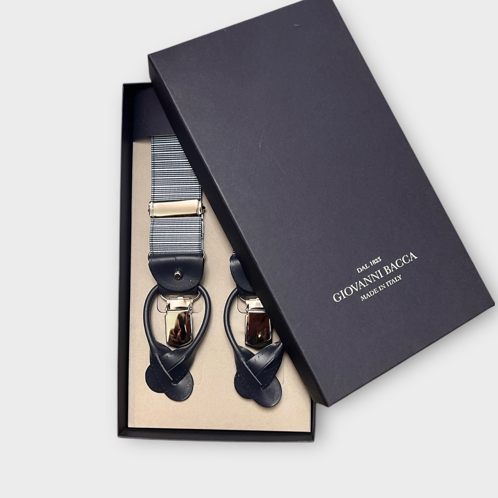 Bretelle Larghe Elastiche Righe Blu Bianco Con Asola In Pelle