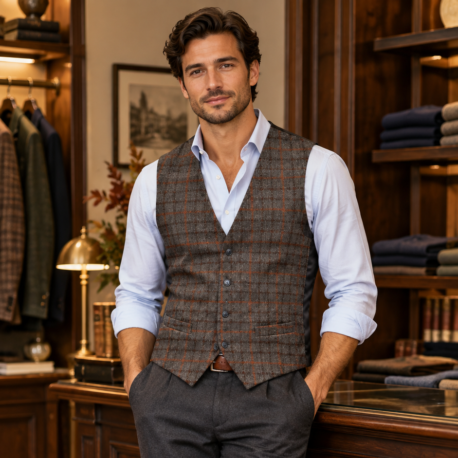 Gilet Uomo In Lana Tweed Scozzese Tortora e Marrone
