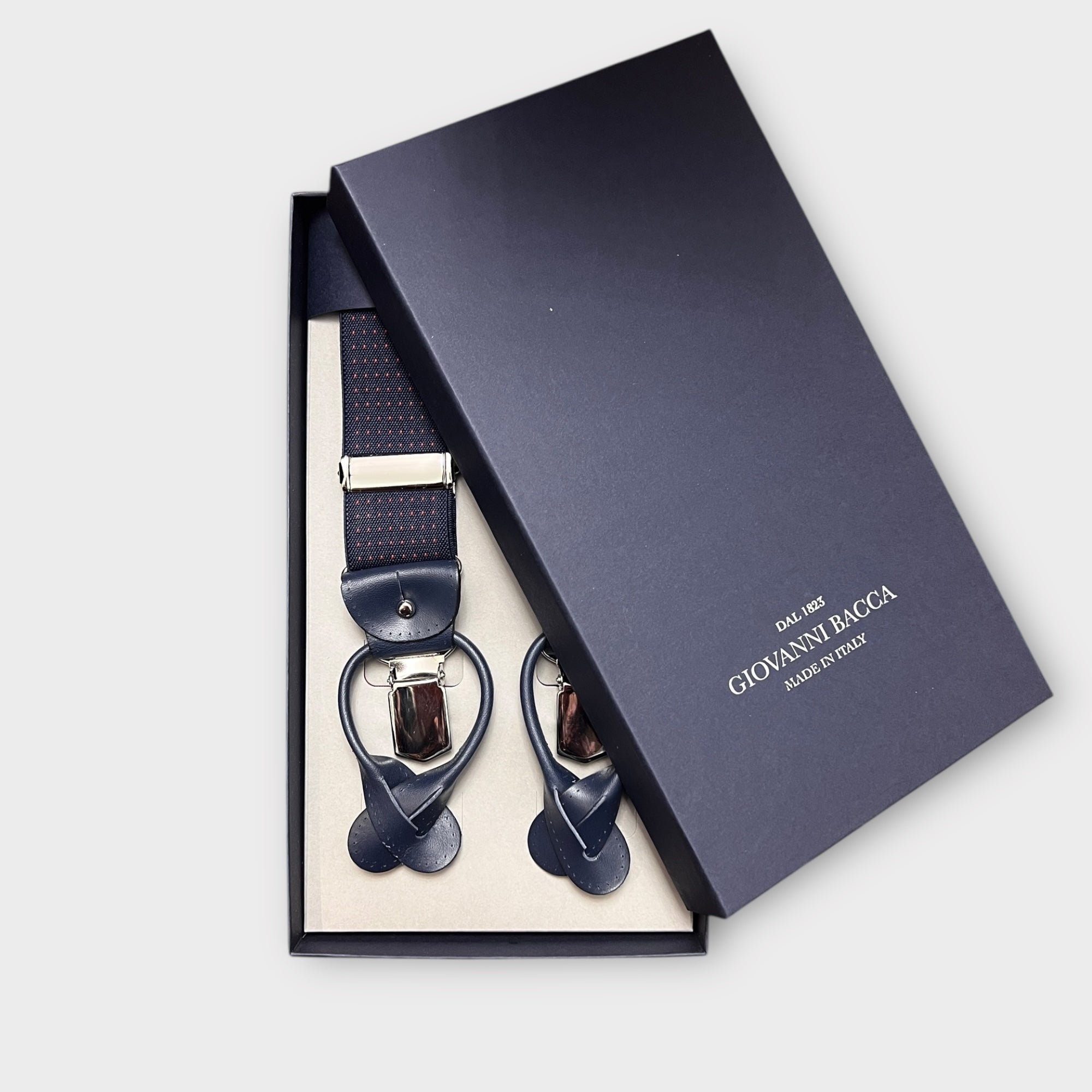 Bretelle Larghe Elastiche Blu Punti Rossi Con Asola In Pelle