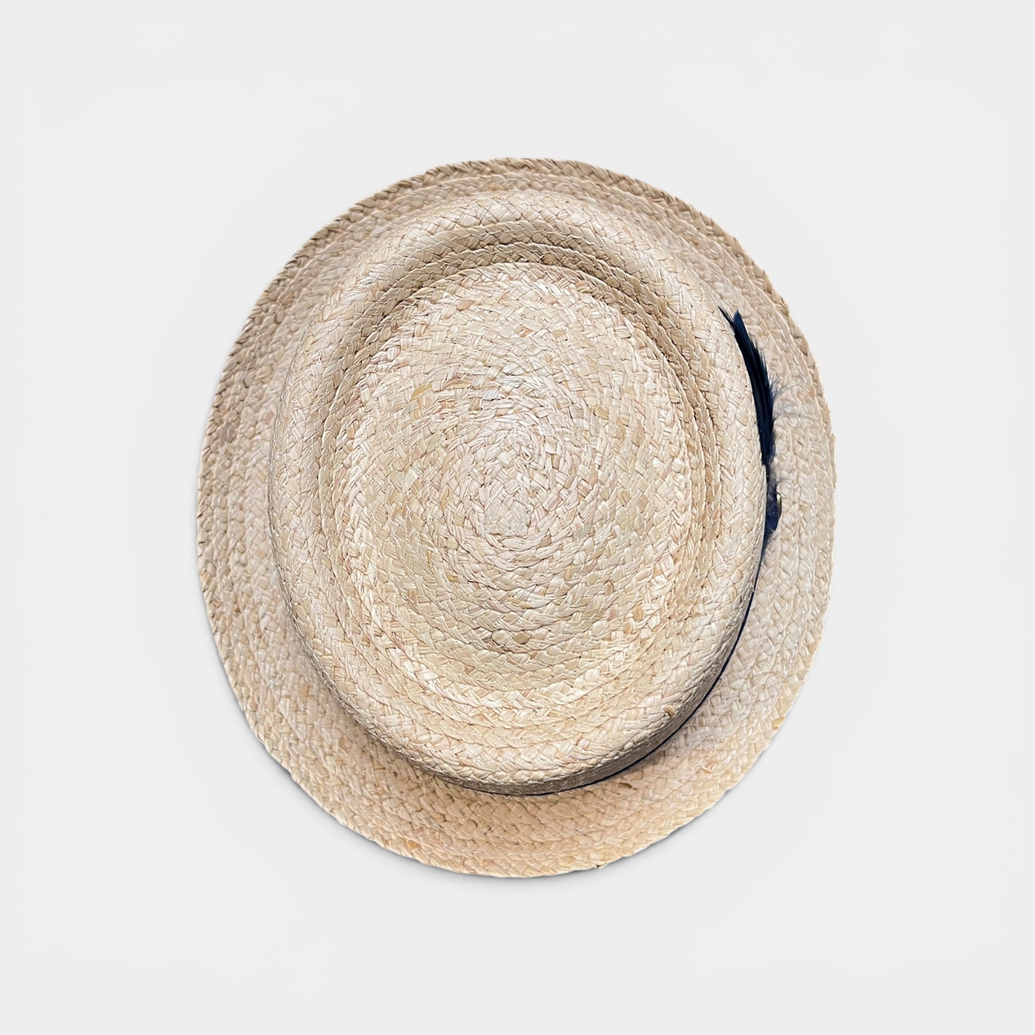 Cappello Pork Pie In Paglia Con Nastro Bicolor e Piuma Blu - Cappelleria Bacca