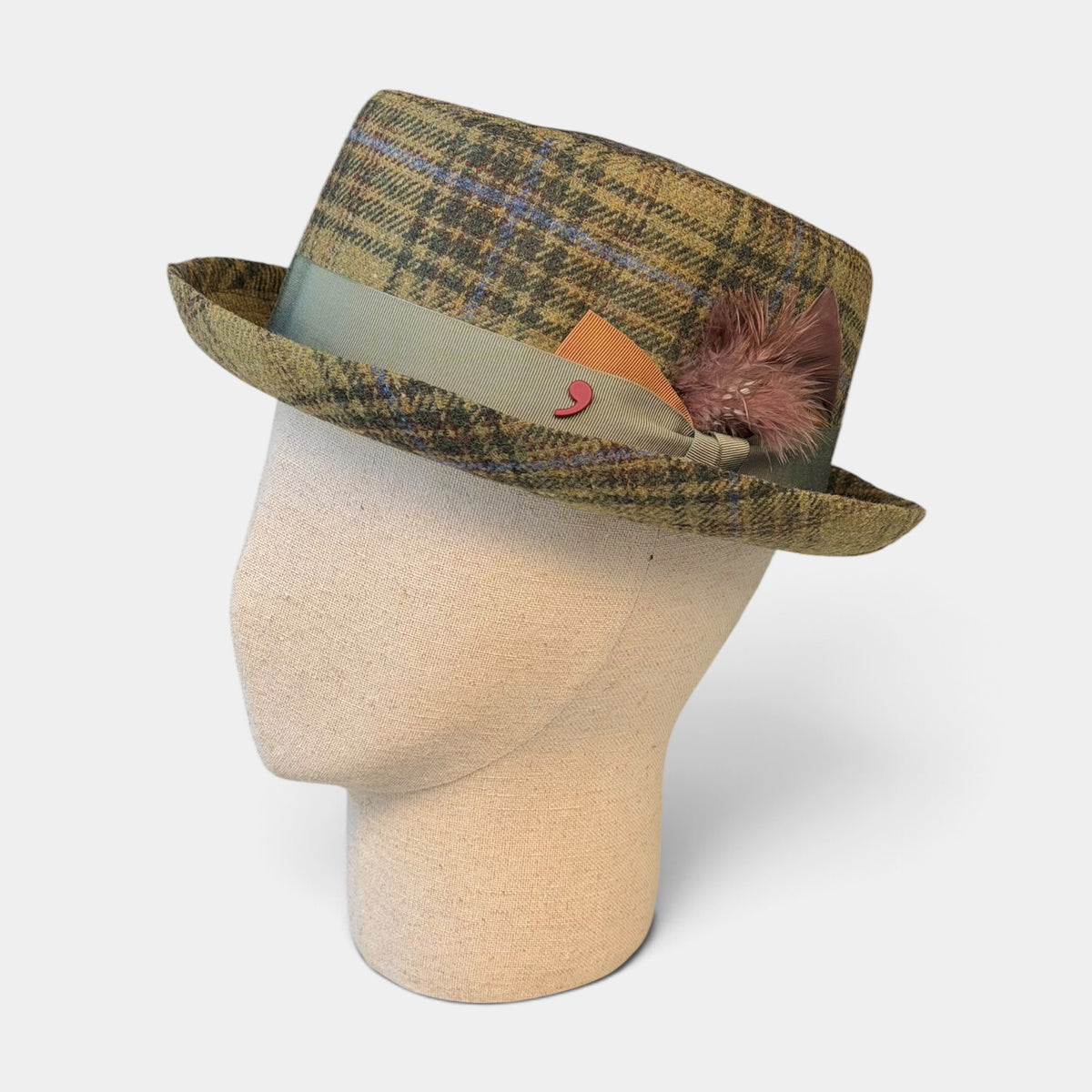 Cappello Pork Pie Invernale In Lana Motivo Scozzese Verde - Alfonso D'Este