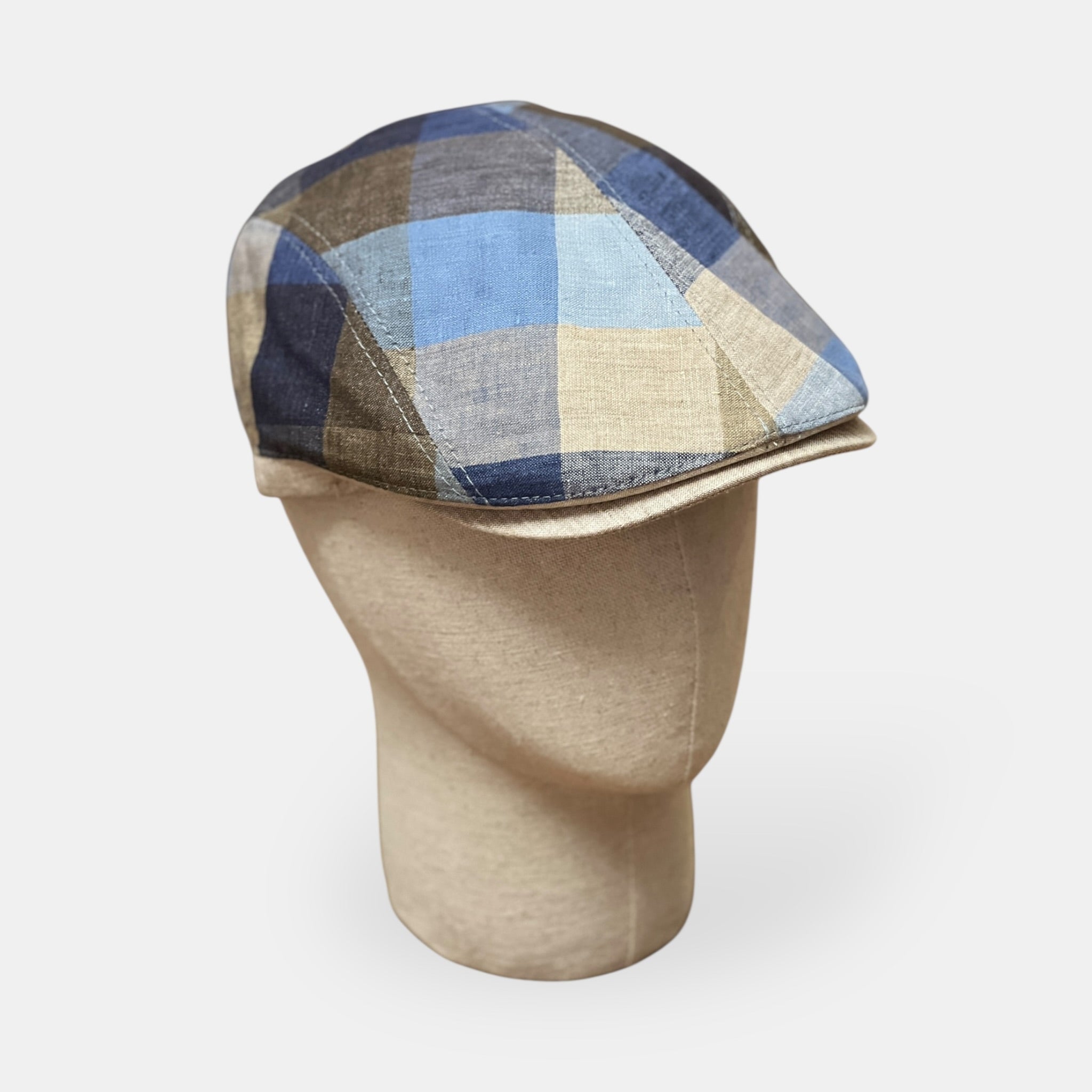 Coppola Uomo Estiva In Puro Lino A Quadri Azzurro E Marrone Revertera