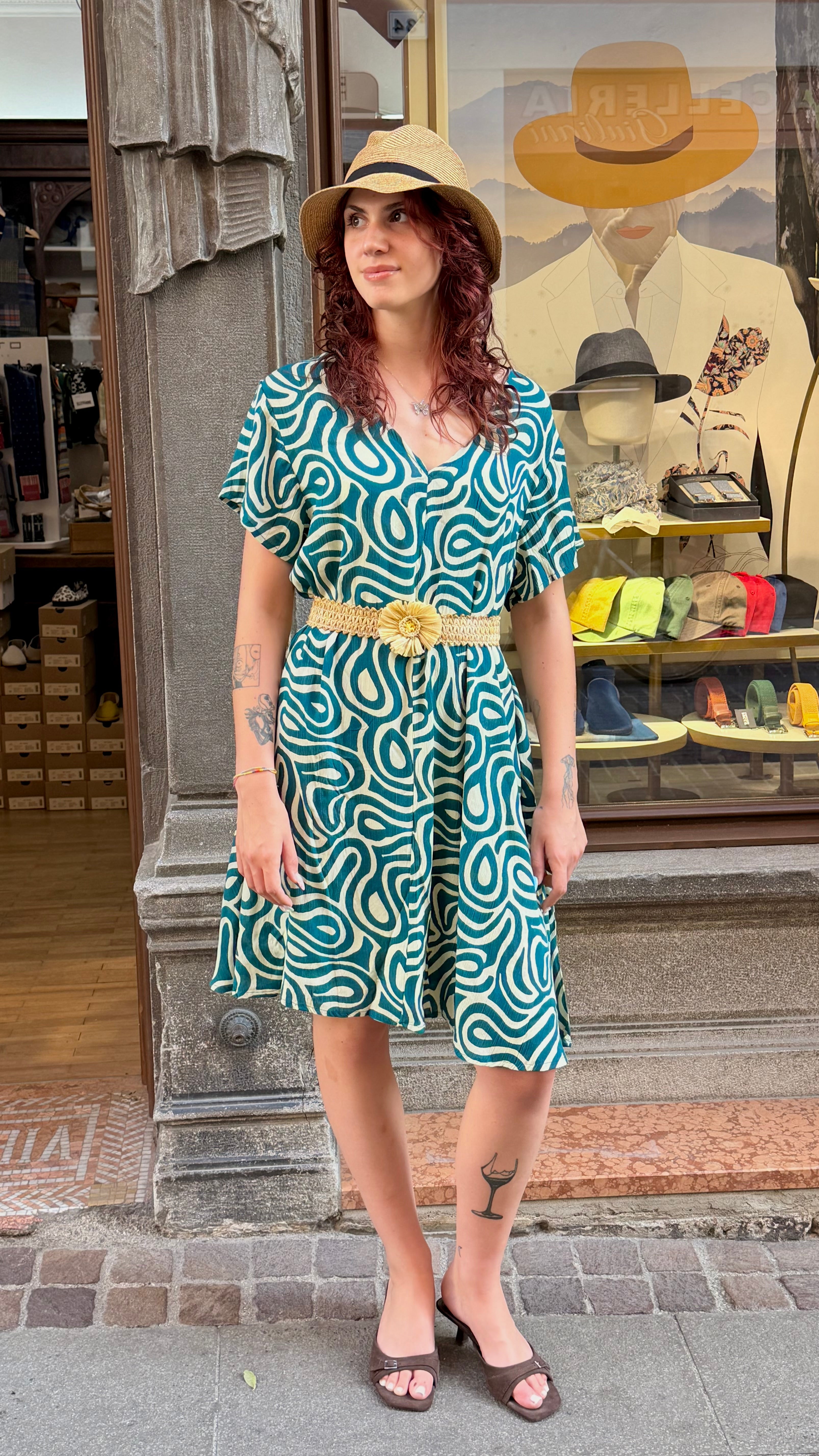 Abito Estivo Donna Midi Manica Corta Blu Petrolio - Cappelleria Bacca