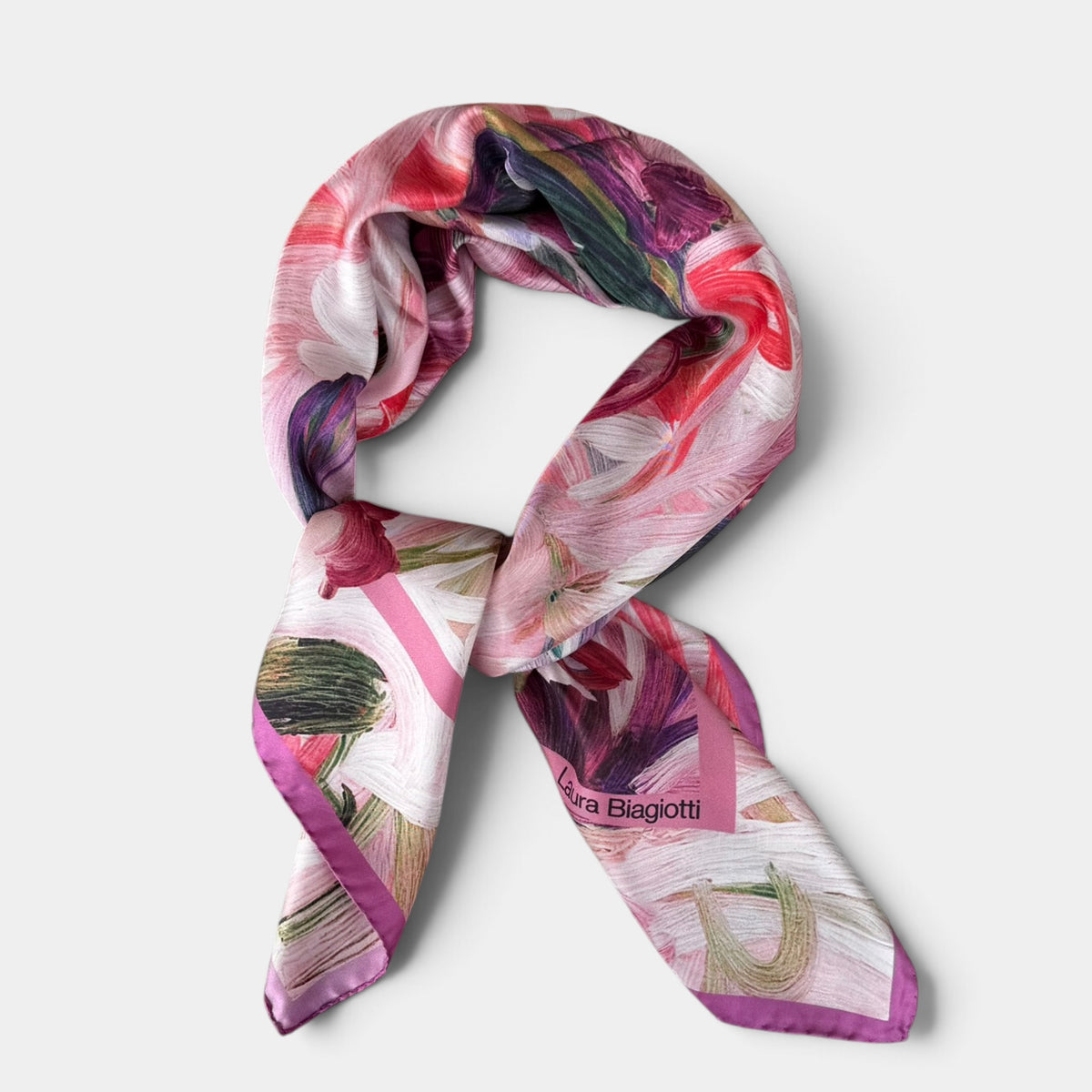 Foulard Laura Biagiotti in seta 90x90 cm, fiori dipinti, variante rosa