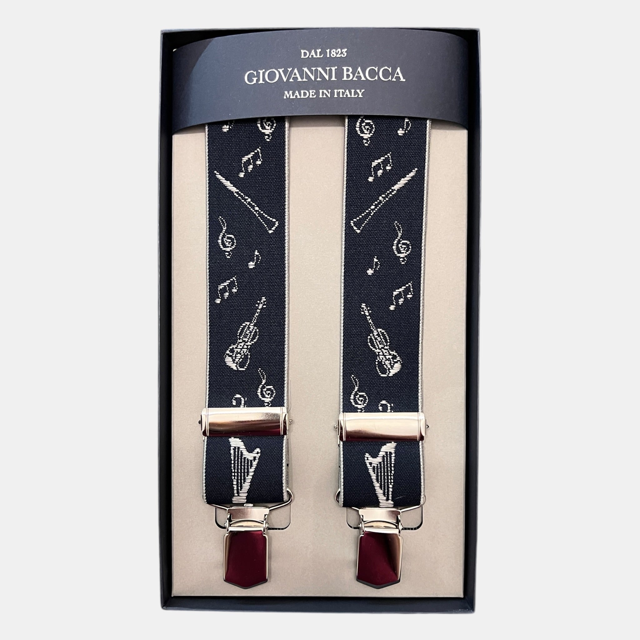 Bretelle Larghe Elastiche A X Blu Motivo Strumenti Musicali