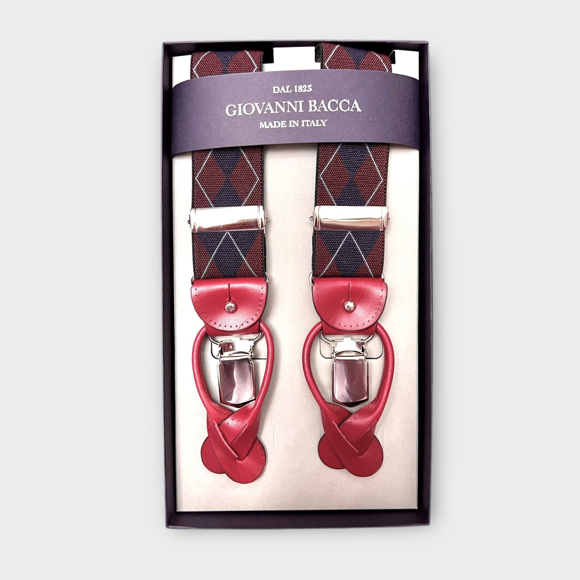 Bretelle Larghe Elastiche Rombi Bordeaux Con Asola In Pelle