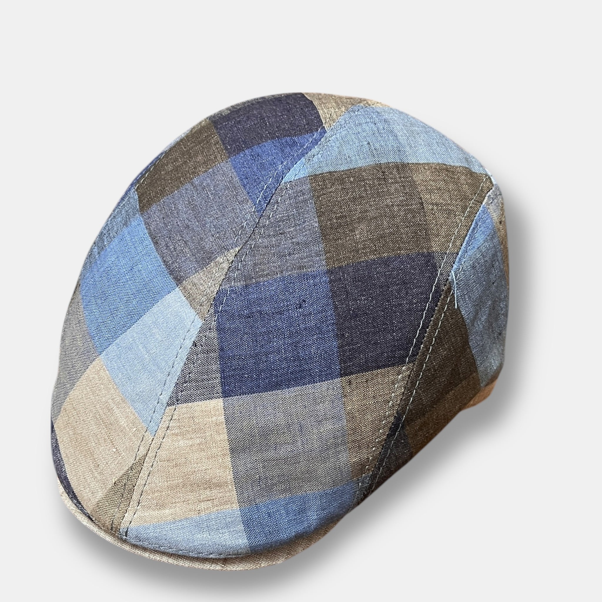 Coppola Uomo Estiva In Puro Lino A Quadri Azzurro E Marrone Revertera