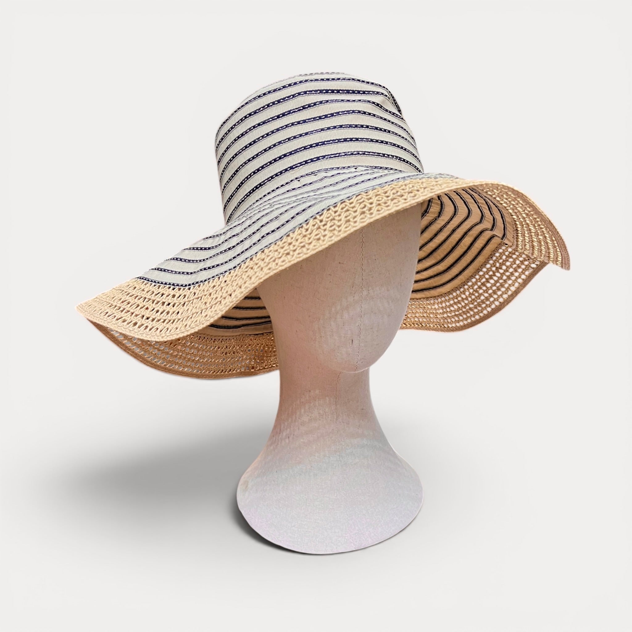Cappello Donna Estivo Ala larga In Cotone Beige Bordo Paglia Pieghevole - Grevi