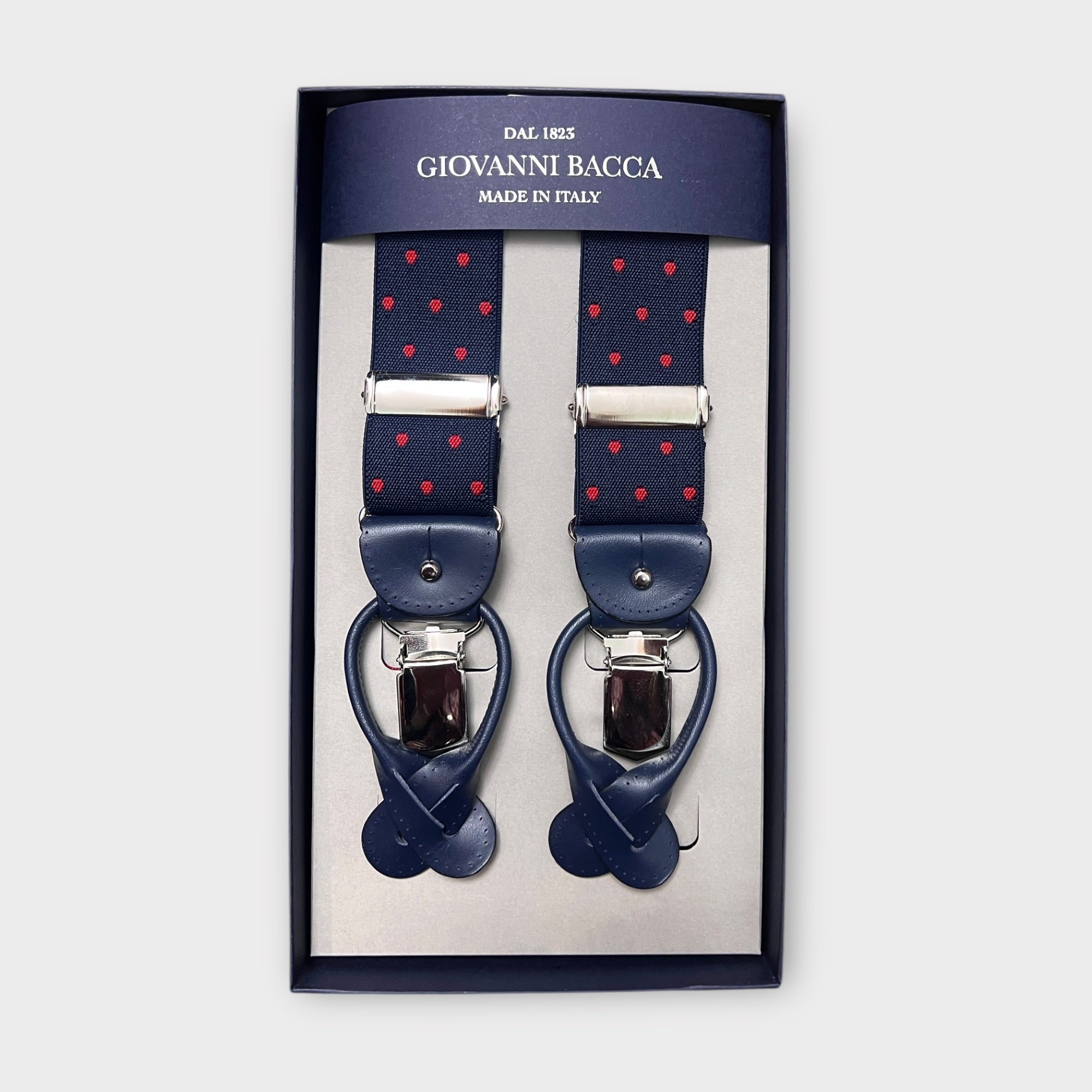 Bretelle Larghe Elastiche Blu Pois Rossi Con Asola In Pelle