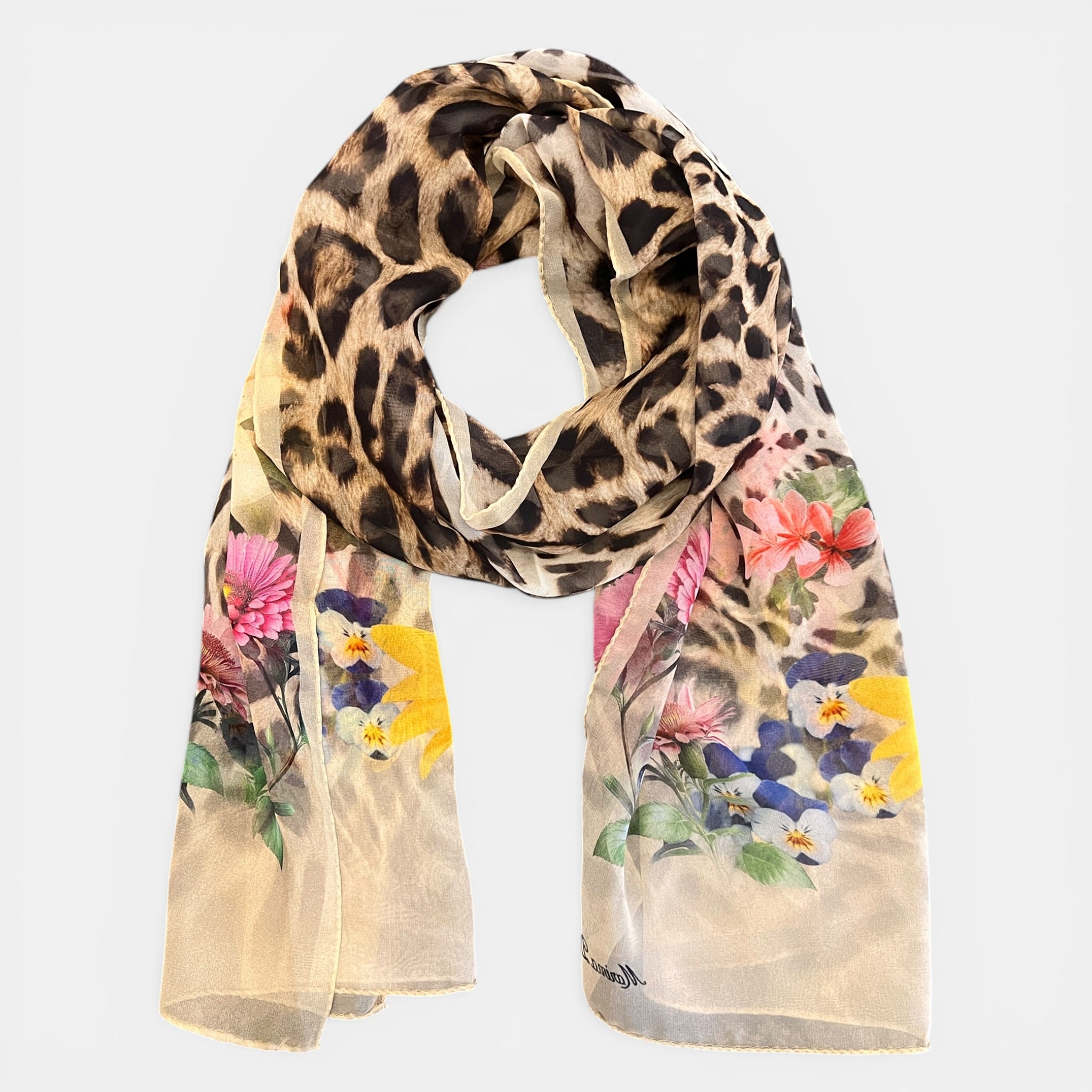 Sciarpa in Pura Seta Georgette Motivo Floreale e animalier 45x160 cm
