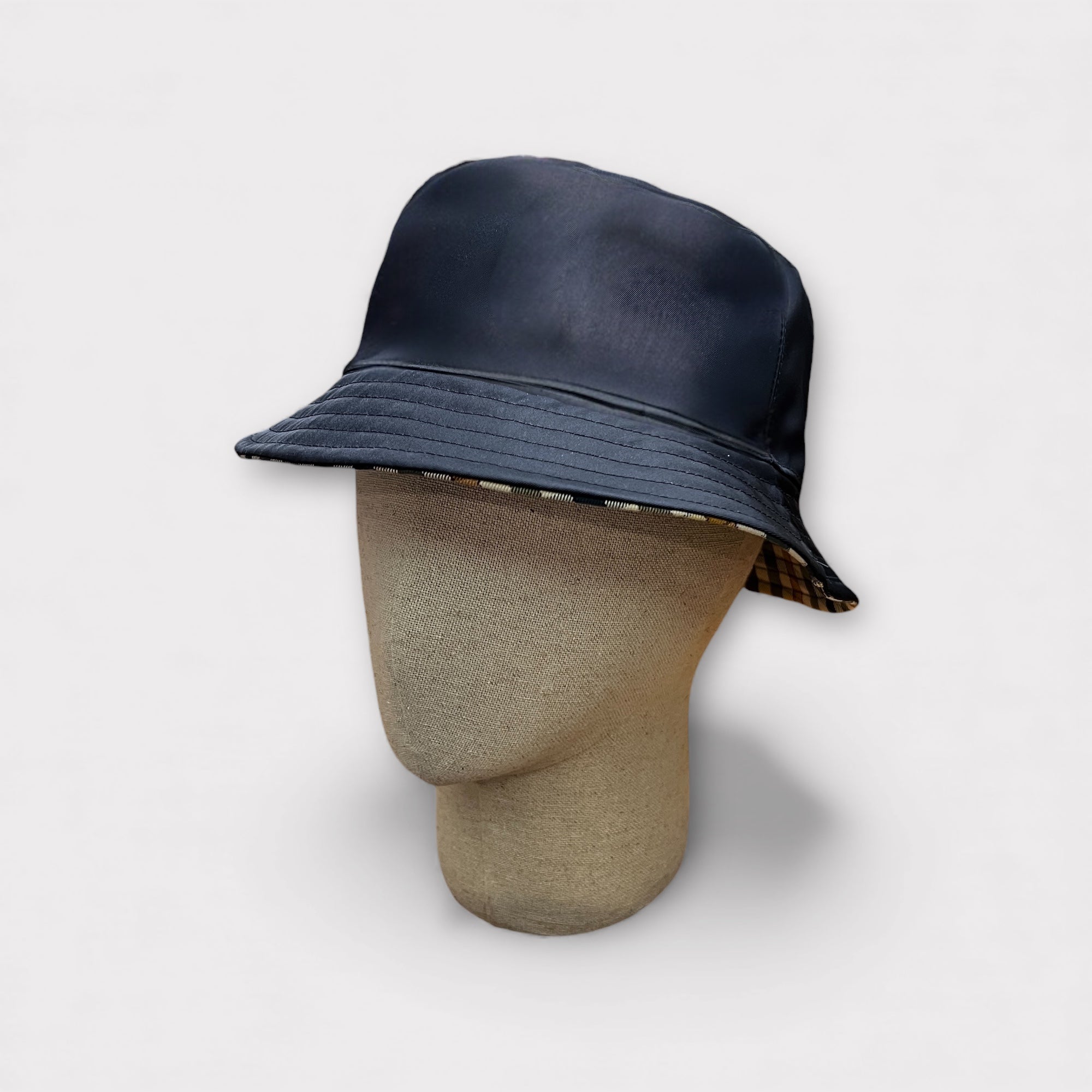 Cappello Pescatore Reversibile Blu unito/Beige Check