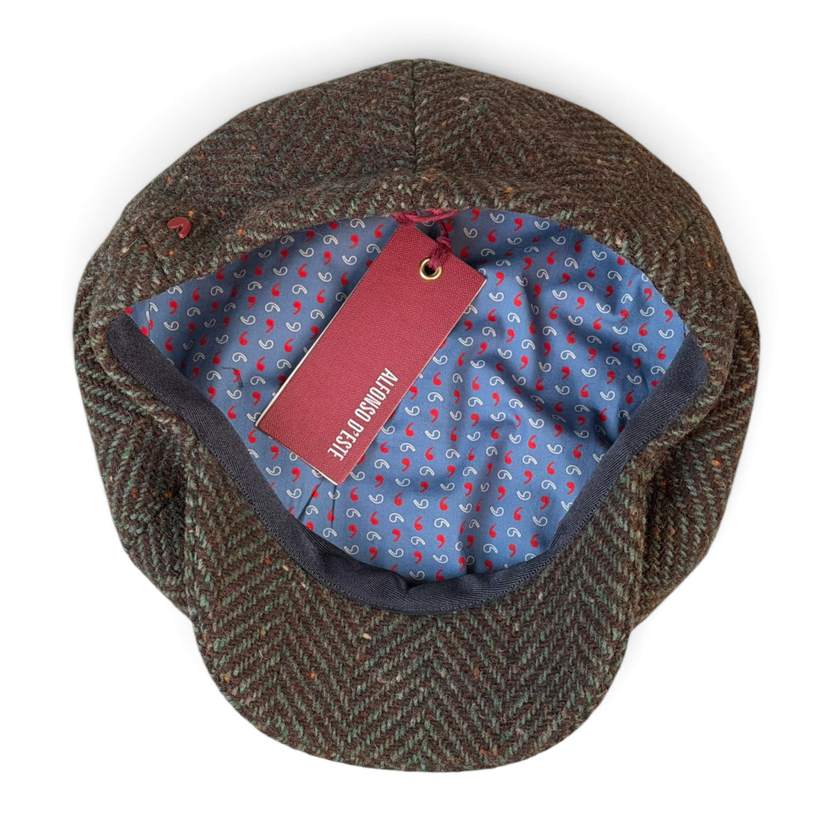 Coppola Irlandese 8 Spicchi In Tessuto 100% Lana Vergine Motivo Herringbone Moro/Verde - Alfonso D'Este